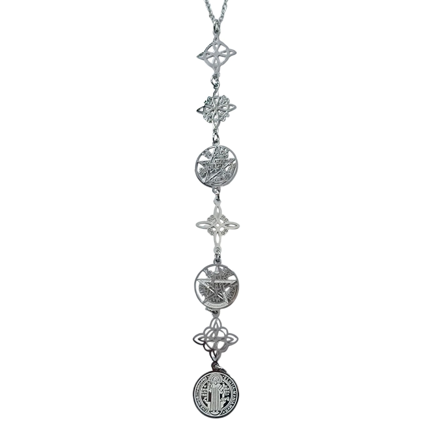 Collar Acero Simbolos Nudo De Bruja Tetragramaton Y san Benito 11 Cms Cadena 40+5 Cms 400503423-07
