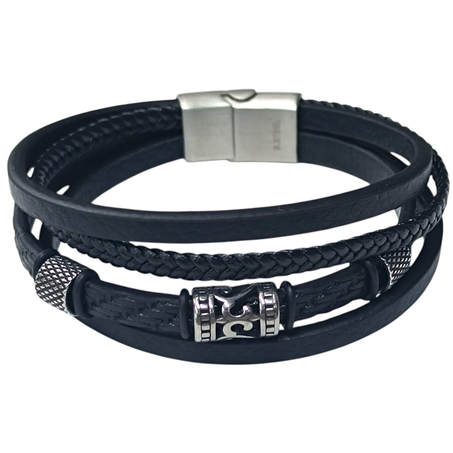 Pulsera Acero Y Cuero Negro Largo 22 Cms Aprox 401104257-27