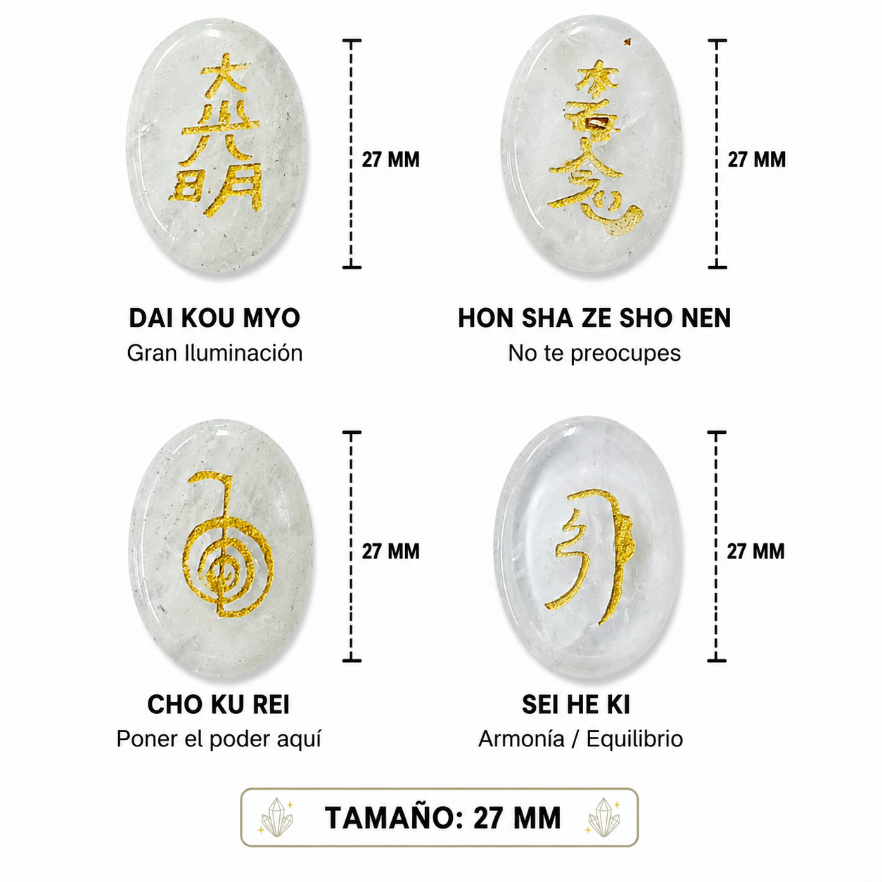 Kit Juego Piedra Natural Cuarzo Blanco Y los 4 simbolos de Reiki 4 Pcs Ref:37986-01