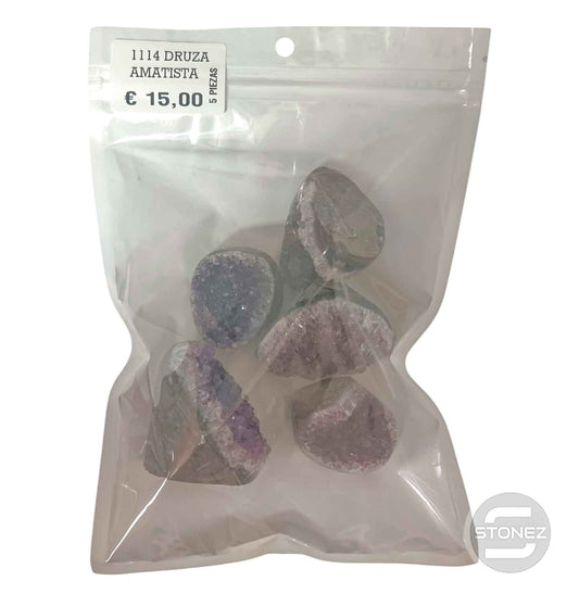 1114 Paquete 5 Pcs Mini Druzas Amatista De 4 A 6 Cms Aprox 300 GRAMOS APROX LA BOLSA ( LA FOTO ES ORIENTATIVA Y PUEDE VARIAR LAS PIEZAS)