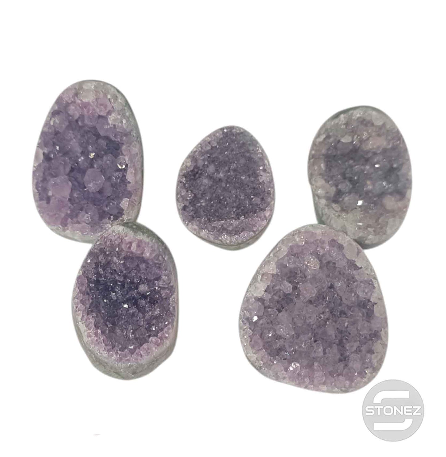 1114 Paquete 5 Pcs Mini Druzas Amatista De 4 A 6 Cms Aprox 300 GRAMOS APROX LA BOLSA ( LA FOTO ES ORIENTATIVA Y PUEDE VARIAR LAS PIEZAS)