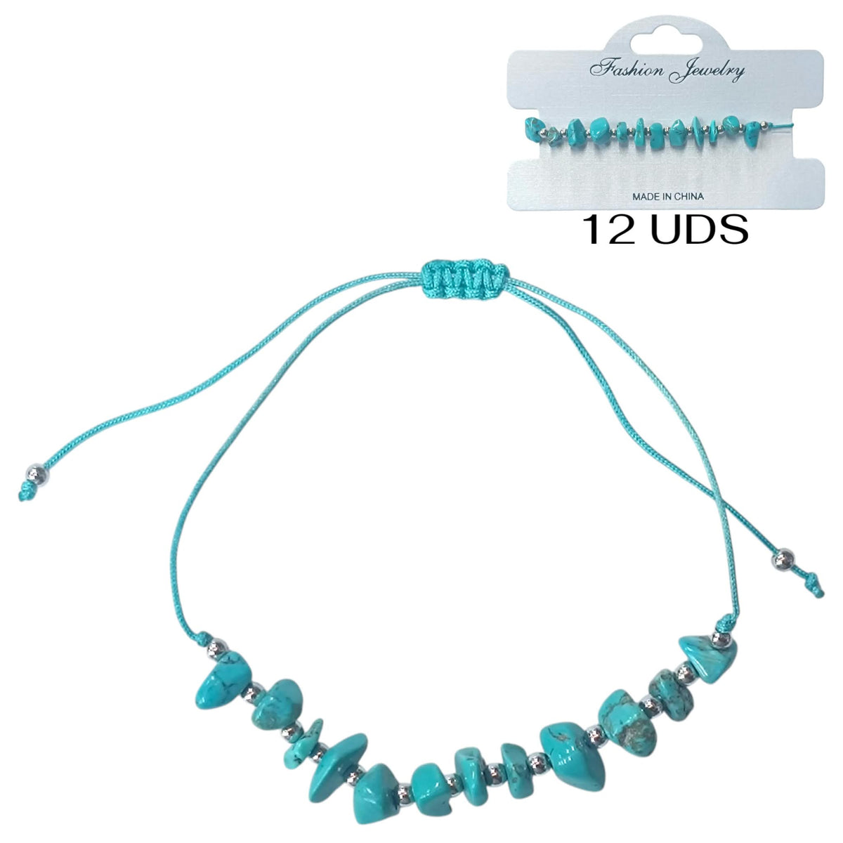Paquete 12 Pulseras Hilo Con Piedra Turquesina Sintetica Chips Y Bolas Acero REF: 600104507