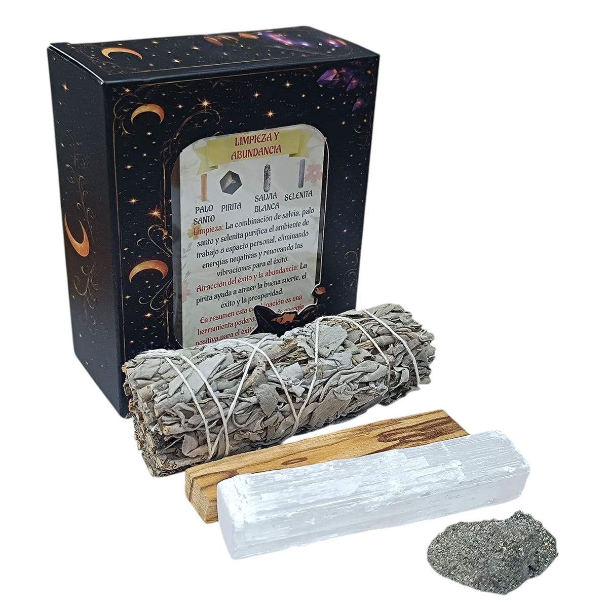 Kit Limpieza Y Abundancia :Atado Salvia , Palo Santo, Selenita y Pirita 200002977
