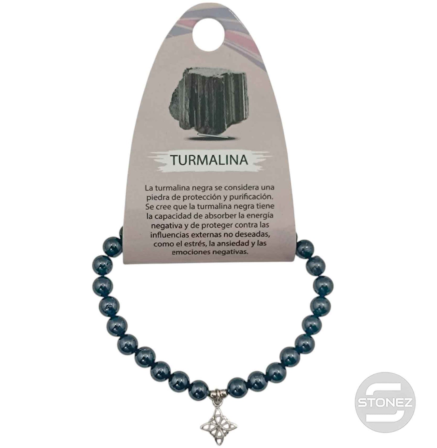 2000007-62 Pulsera Turmalina Con Dije Nudo De Bruja En Plata 925 Bola 6 mm