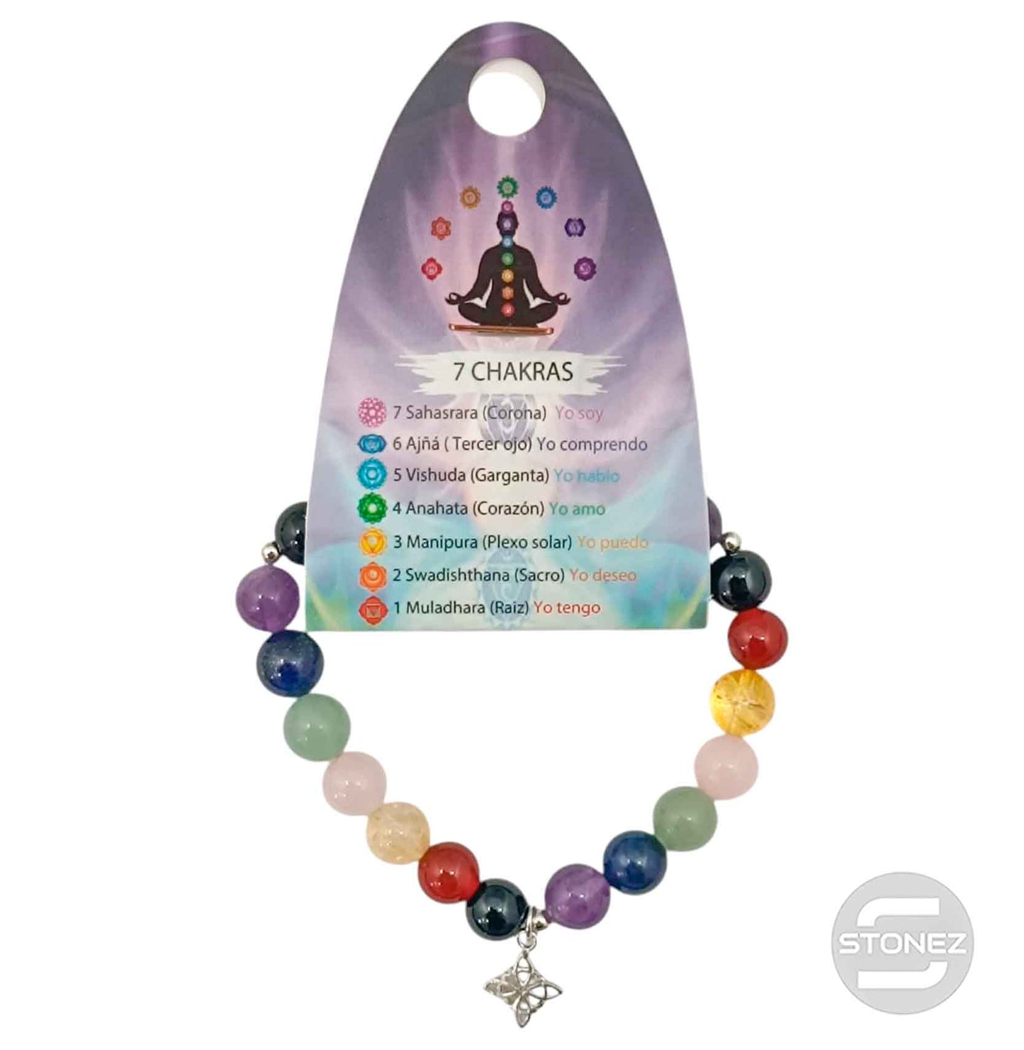 200002941-01 Pulsera 7 Chakras Con Dije Nudo De Bruja De Plata 925 Bola 8 mm