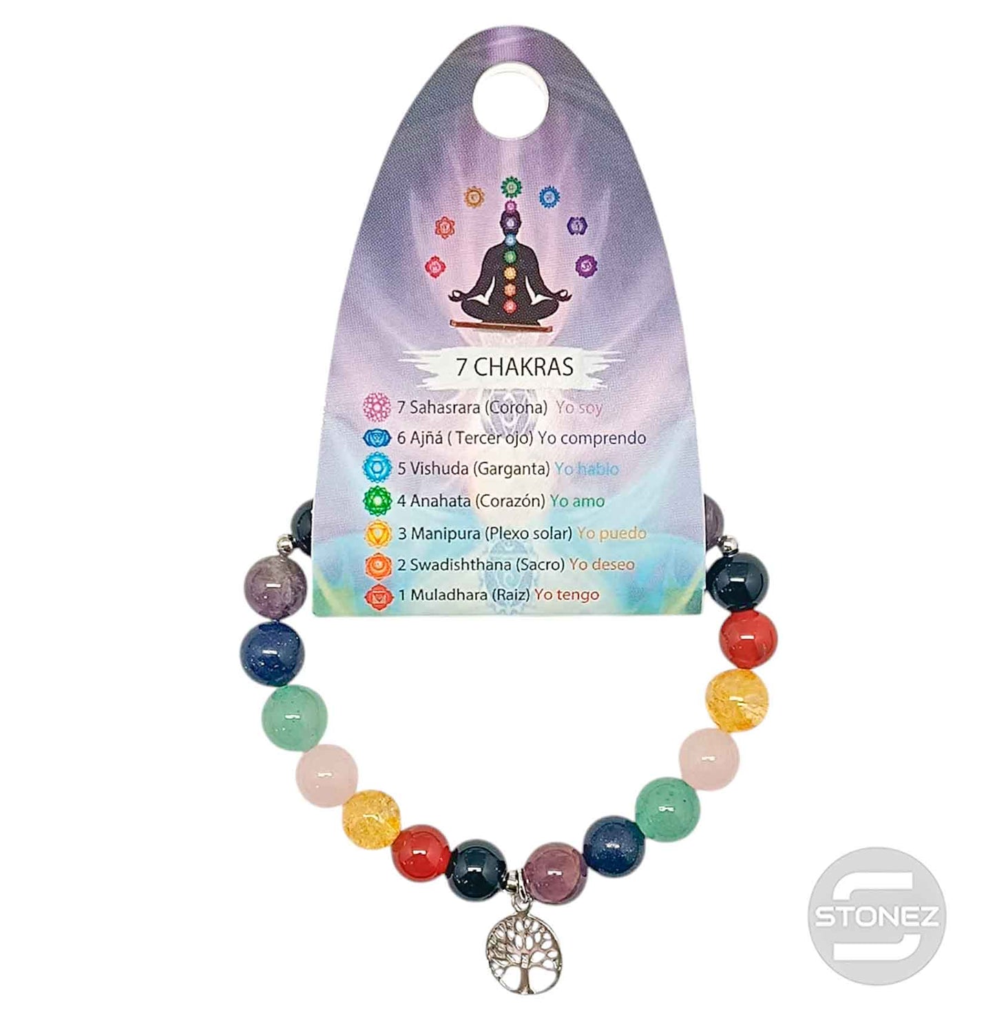 200002941-02 Pulsera 7 Chakras Con Dije Arbol De La Vida De Plata 925 Bola 8 mm