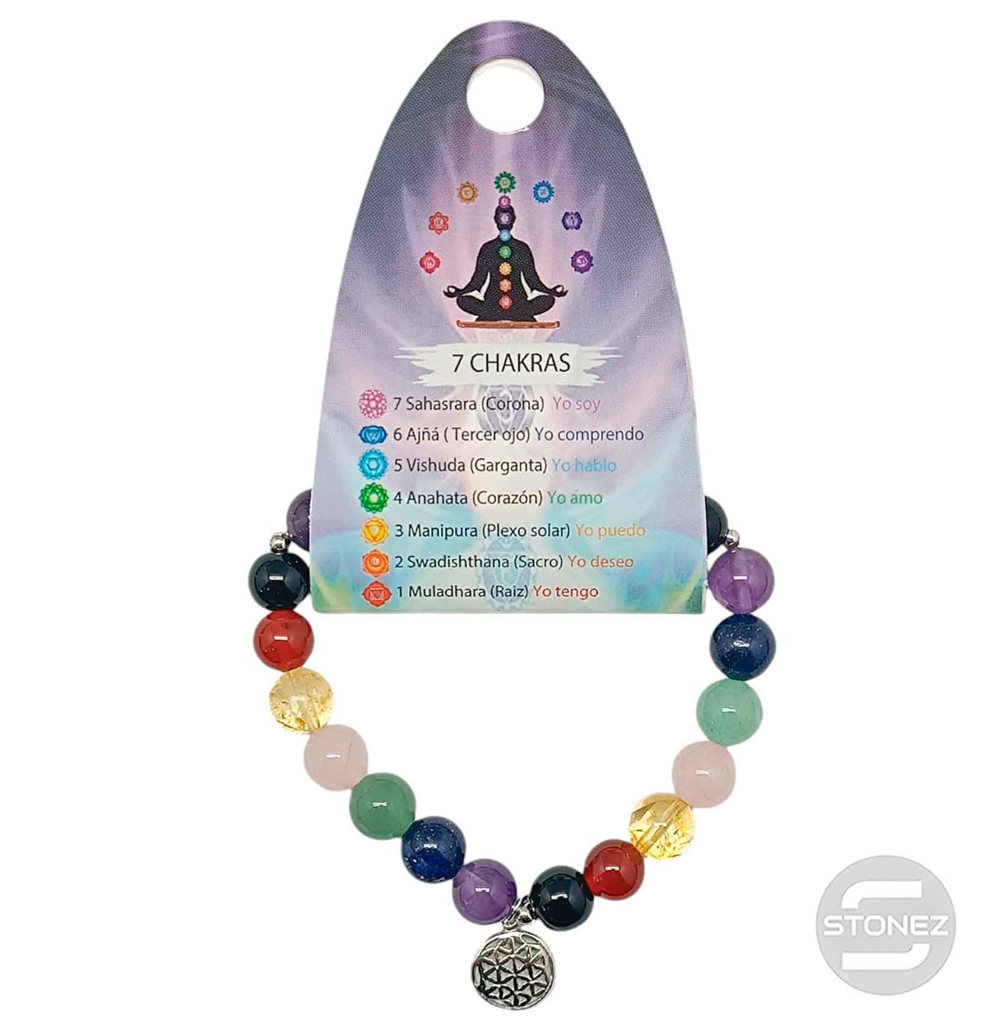 200002941-04 Pulsera 7 Chakras Con Dije Flor De La Vida De Plata 925 Bola 8 mm