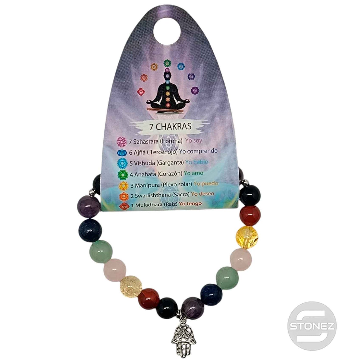 200002941-05 Pulsera 7 Chakras Con Dije Mano De Fatima De Plata 925 Bola 8 mm