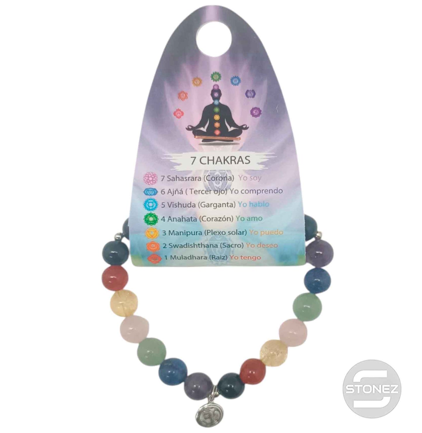 200002941-06 Pulsera 7 Chakras Con Dije Om De Plata 925 Bola 8 mm