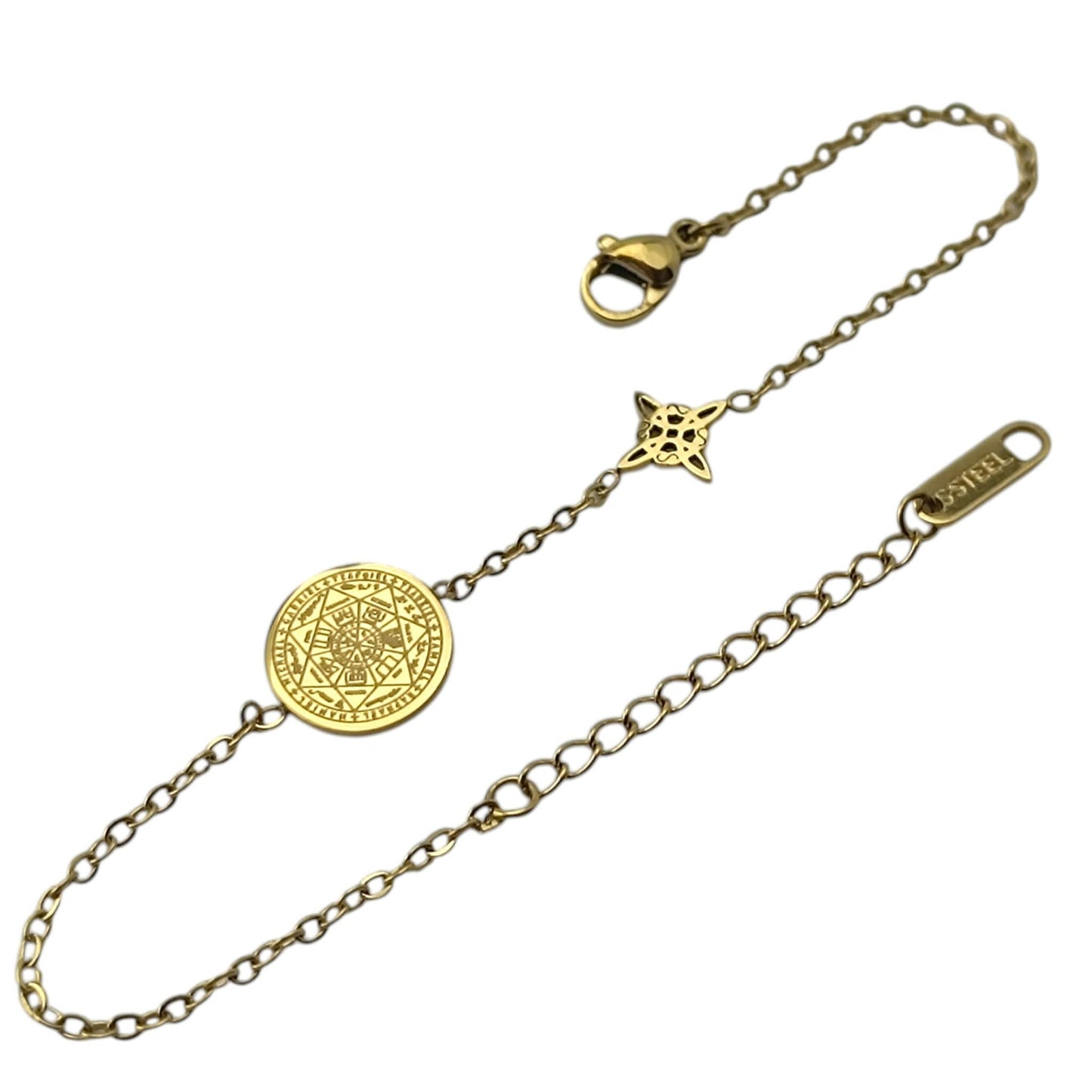 Pulsera Acero Dorado Doble Proteccion Con Dije Nudo De Bruja Y Medalla 7 Arcangeles 18cms Aprox Ref: 600104461