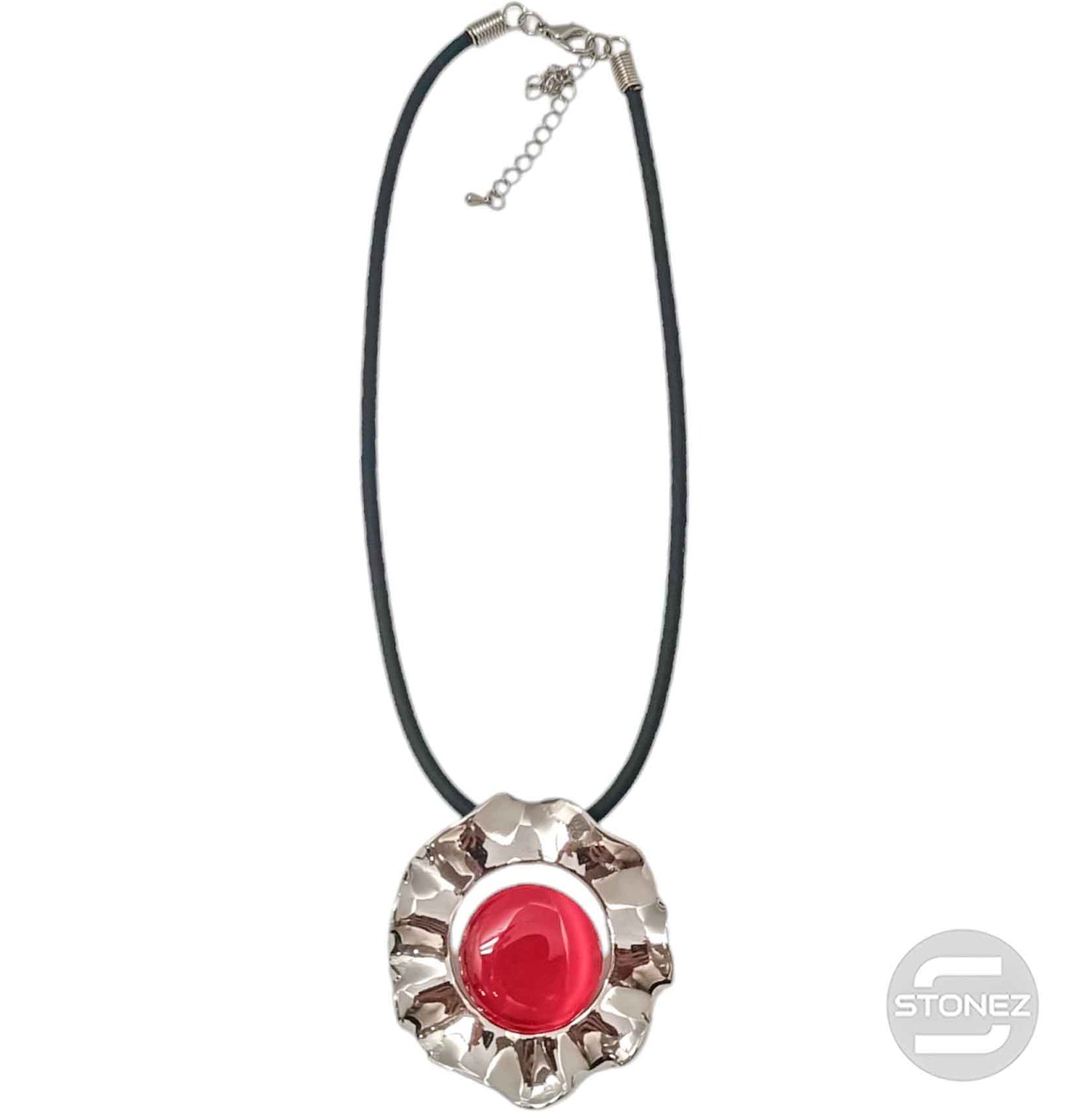29679-14 Collar Bisuteria Con Baño De Rodio Y Ojo De Gato Y Cordon En Caucho 45 Cms