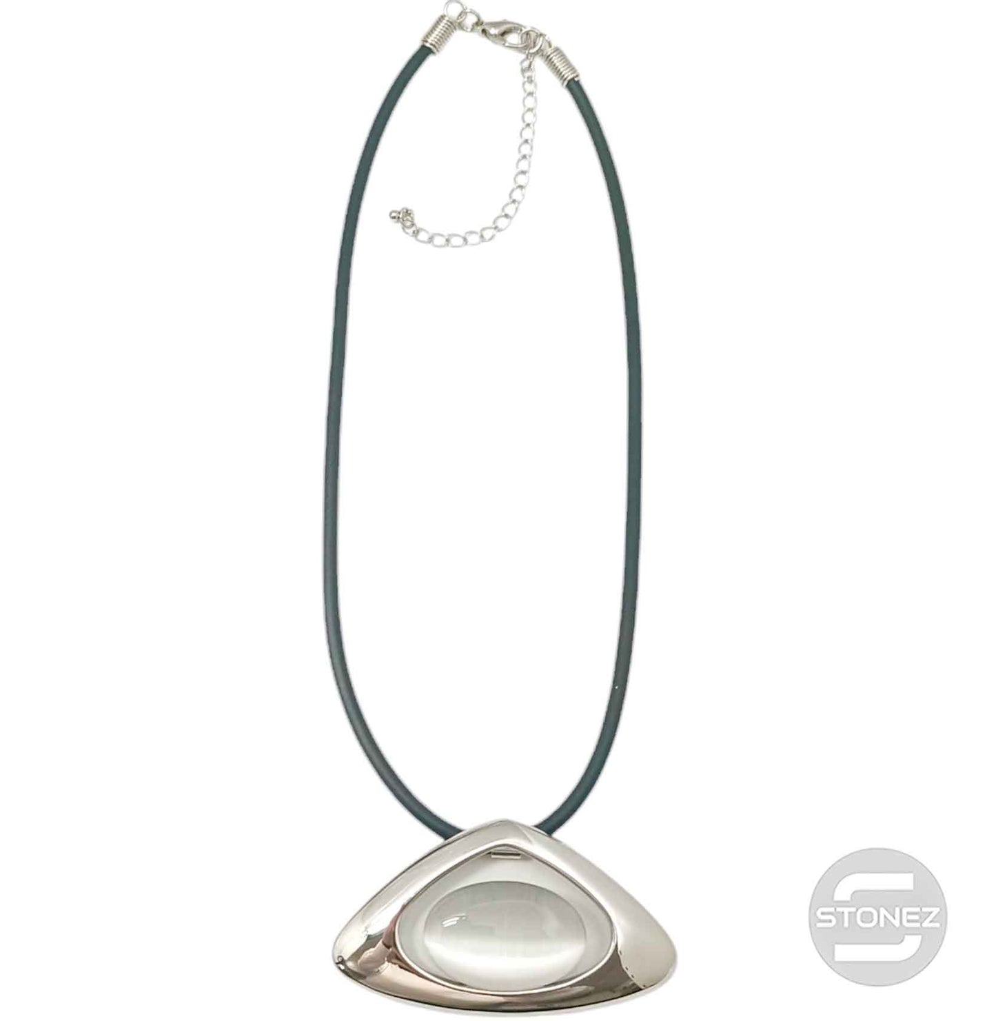 29679-01 Collar Bisuteria Con Baño De Rodio Y Ojo De Gato Y Cordon En Caucho 45 Cms