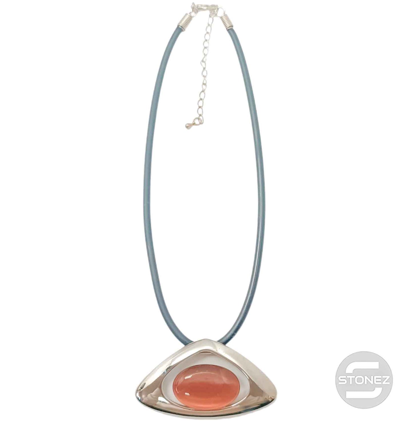 29679-02 Collar Bisuteria Con Baño De Rodio Y Ojo De Gato Y Cordon En Caucho 45 Cms