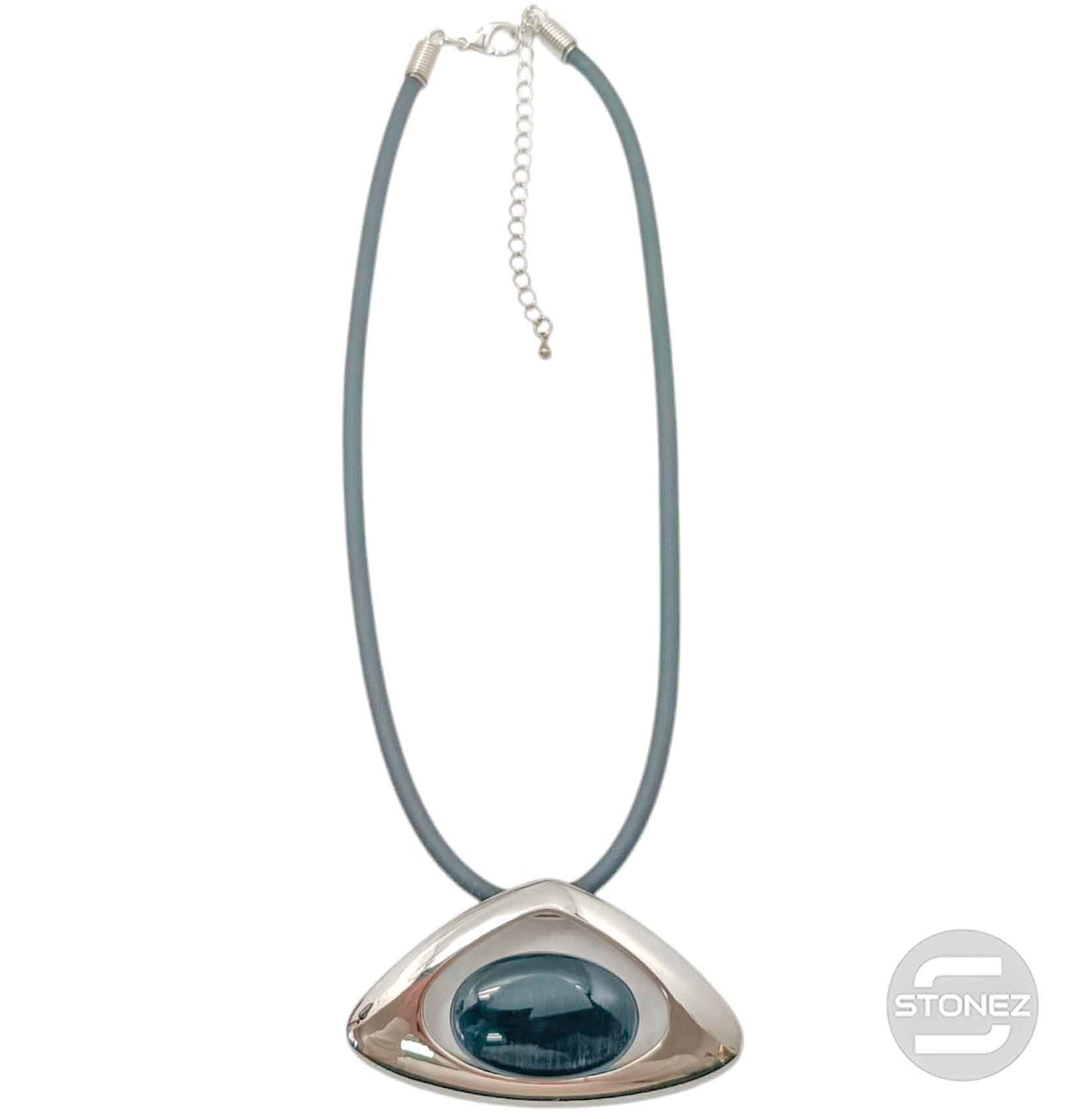 29679-04 Collar Bisuteria Con Baño De Rodio Y Ojo De Gato Y Cordon En Caucho 45 Cms