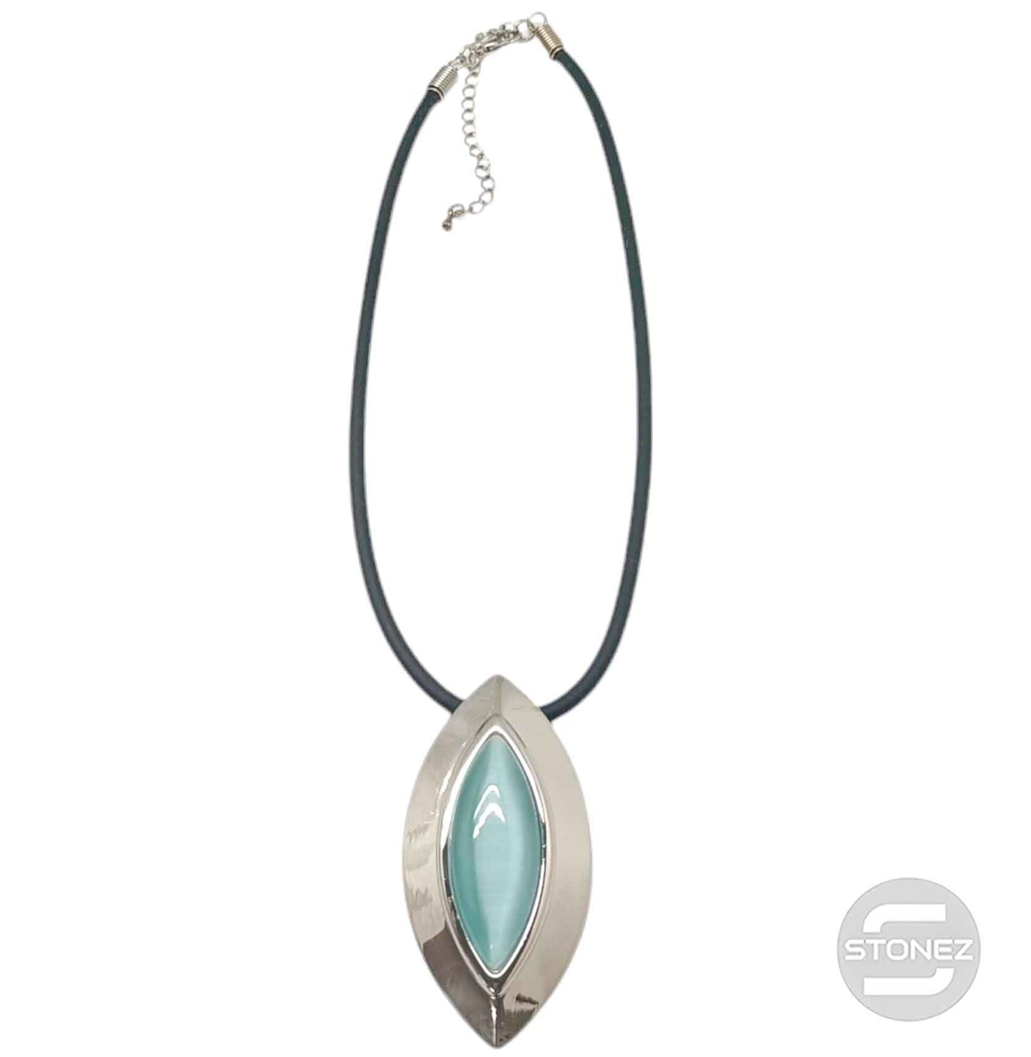 29679-06 Collar Bisuteria Con Baño De Rodio Y Ojo De Gato Y Cordon En Caucho 45 Cms