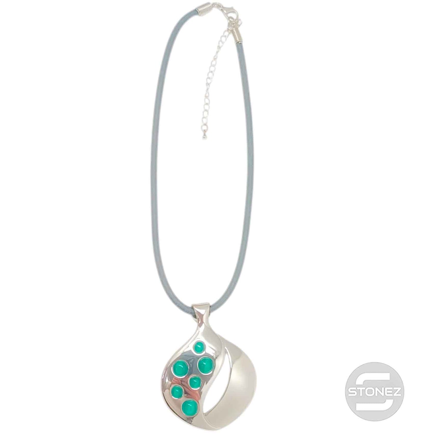 29679-07 Collar Bisuteria Con Baño De Rodio Y Ojo De Gato Y Cordon En Caucho 45 Cms