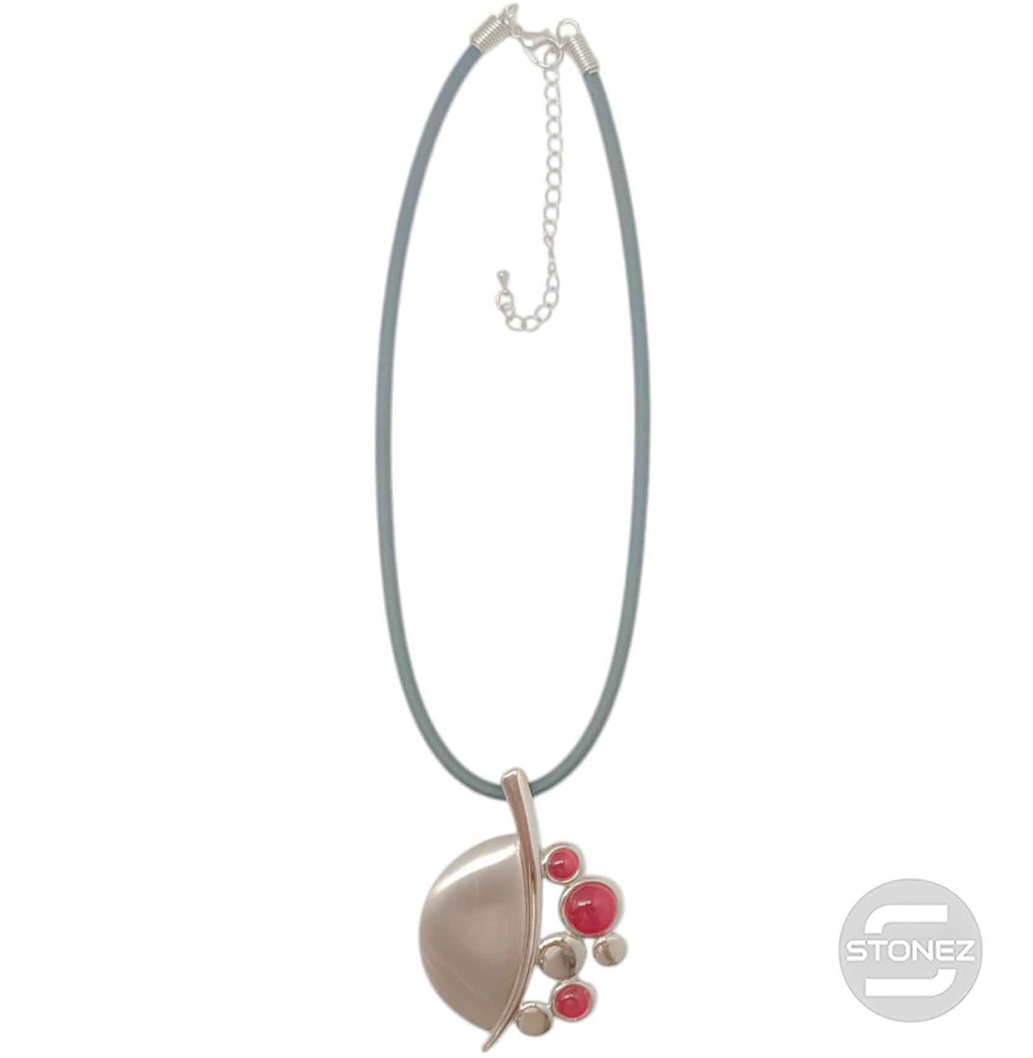 29679-08 Collar Bisuteria Con Baño De Rodio Y Ojo De Gato Y Cordon En Caucho 45 Cms