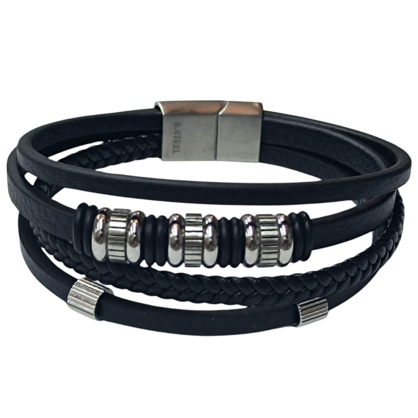 Pulsera Acero Y Cuero Negro Largo 22 Cms Aprox 401104257-005