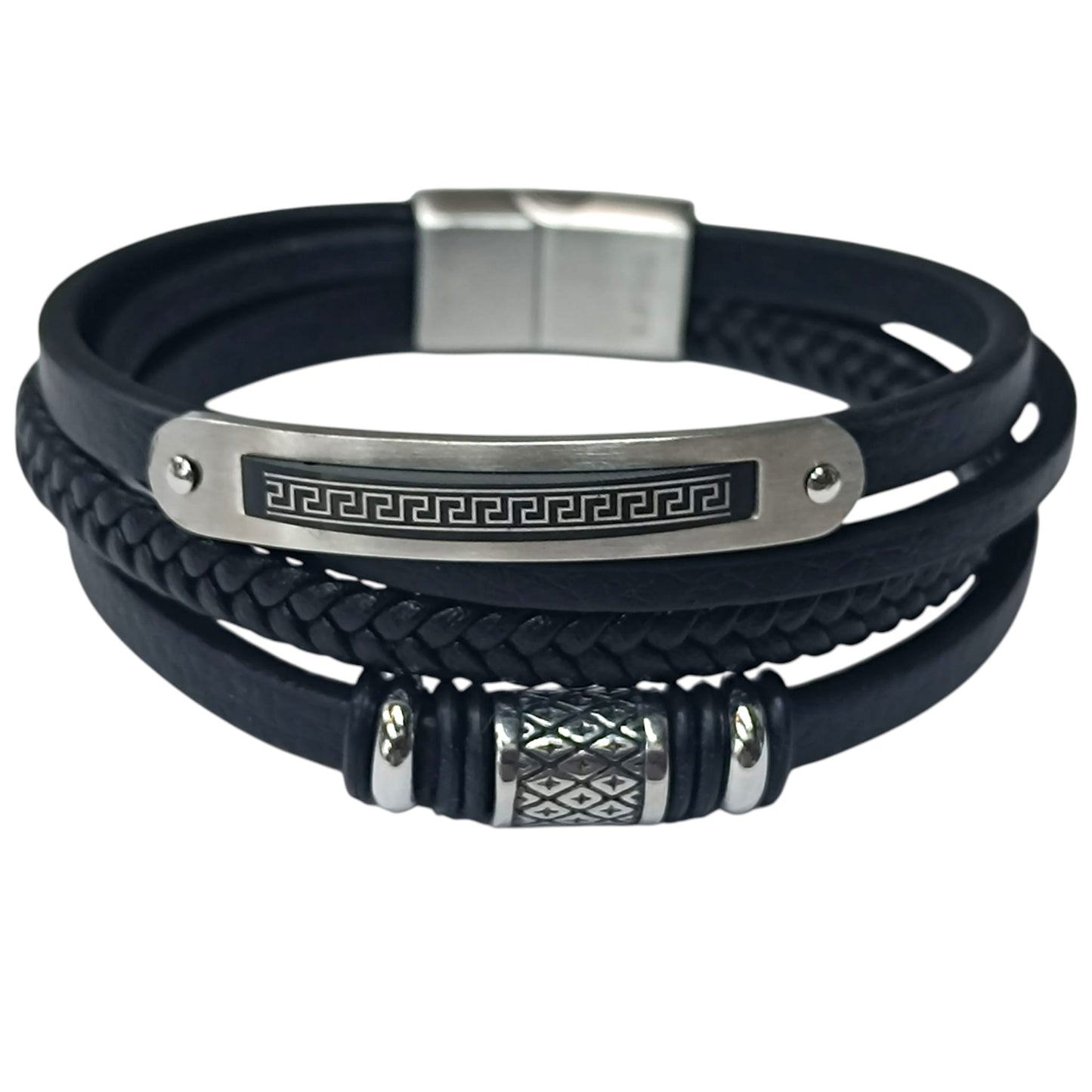 Pulsera Acero Y Cuero Negro Largo 22 Cms Aprox 401104257-49