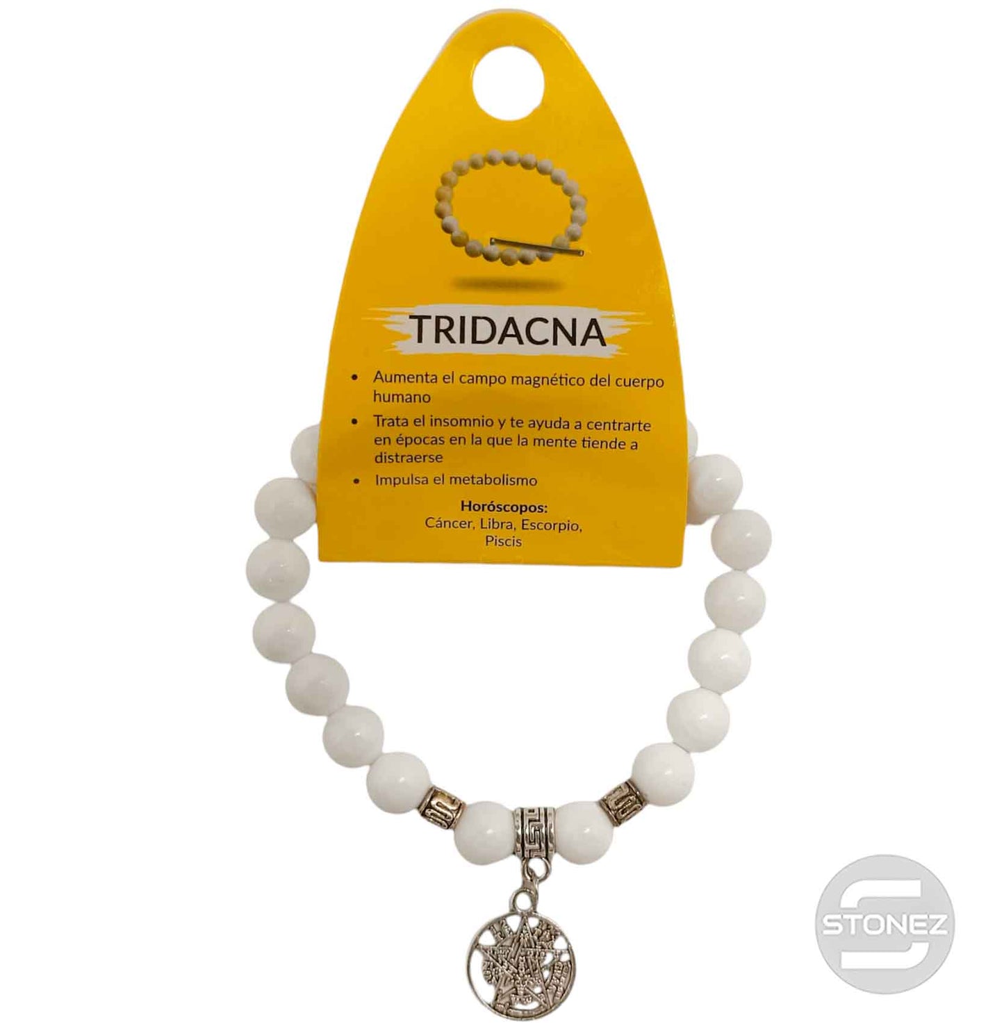 38012-00 Pulsera Piedra Tridacna 8 mm Dije Tetragramaton Metal