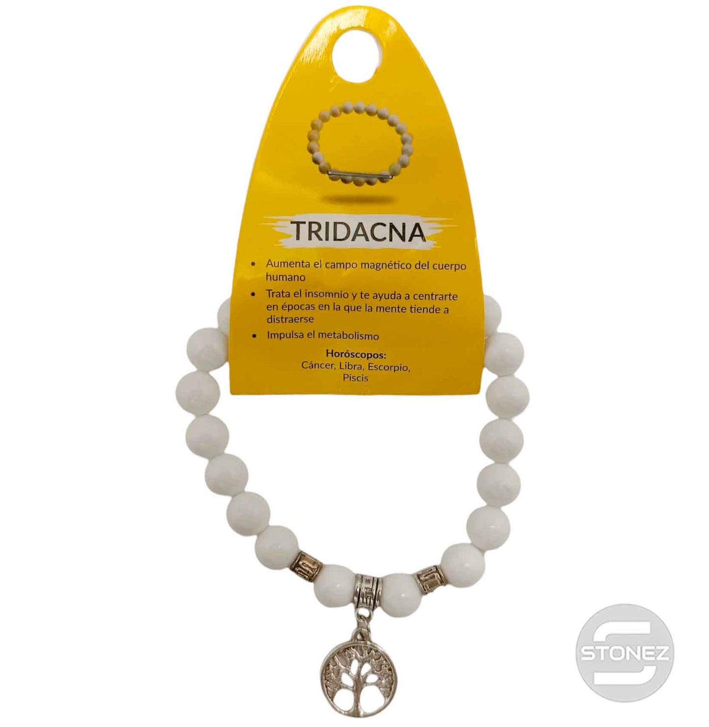 38012-00 Pulsera Piedra Tridacna 8 mm Dije Arbol Metal