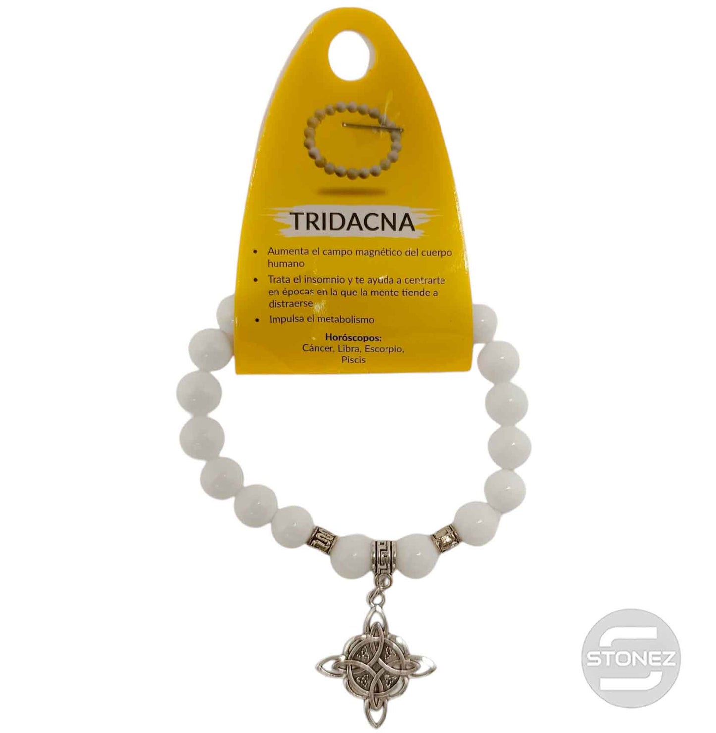 38012-00 Pulsera Piedra Tridacna 8 mm Dije Nudo De Bruja Metal