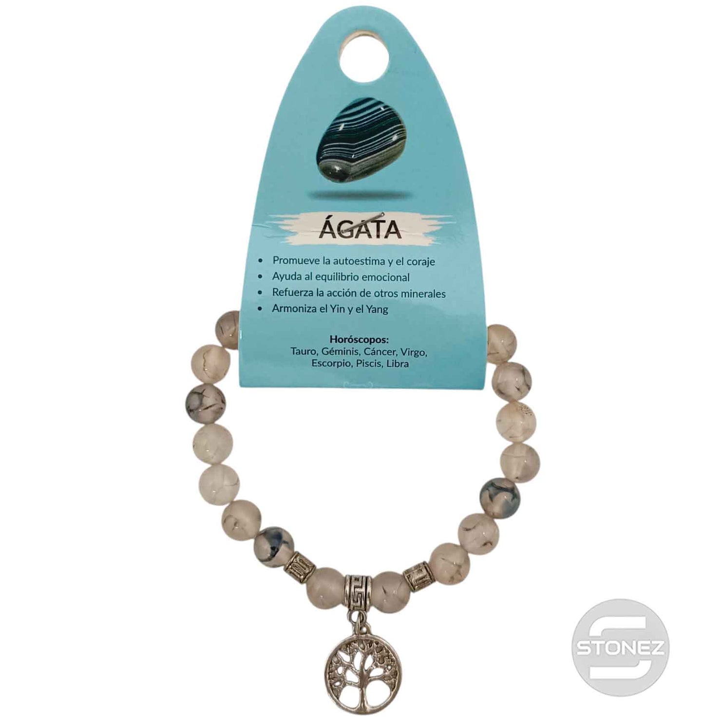 38012-00 Pulsera Piedra Agata Araña 8 mm Dije Arbol Metal