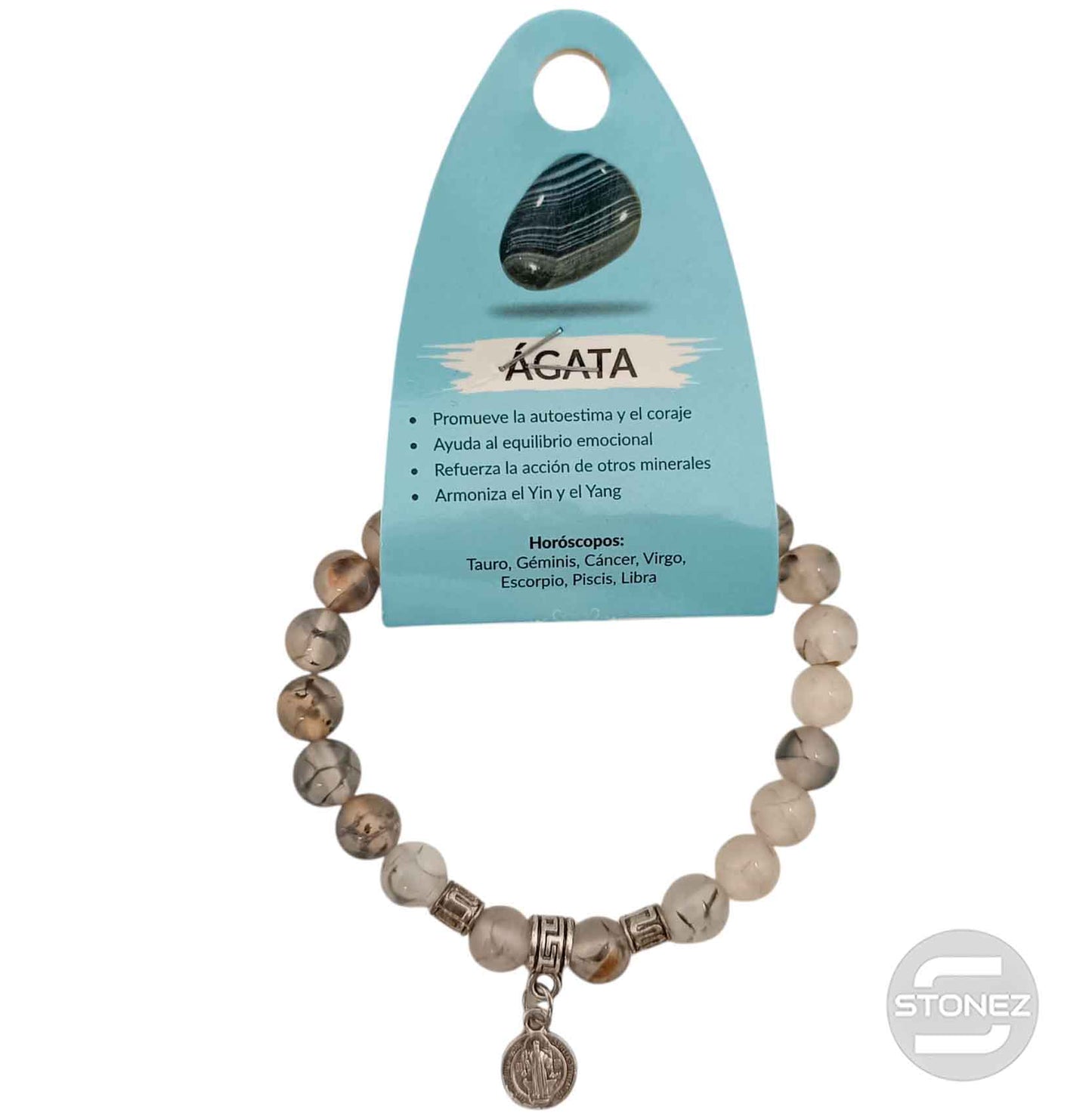 38012-00 Pulsera Piedra Agata Araña 8 mm Dije San Benito Metal
