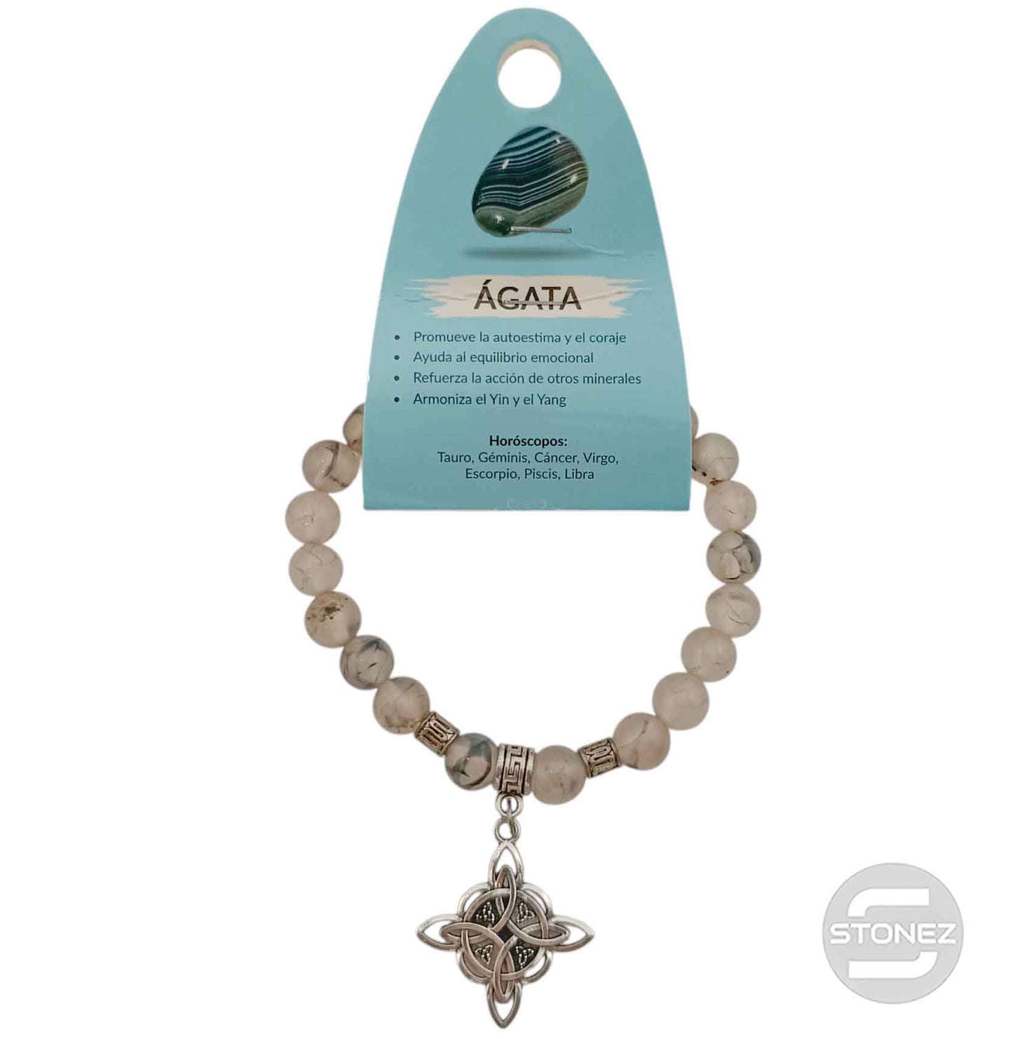 38012-00 Pulsera Piedra Agata Araña 8 mm Dije Nudo De Bruja Metal