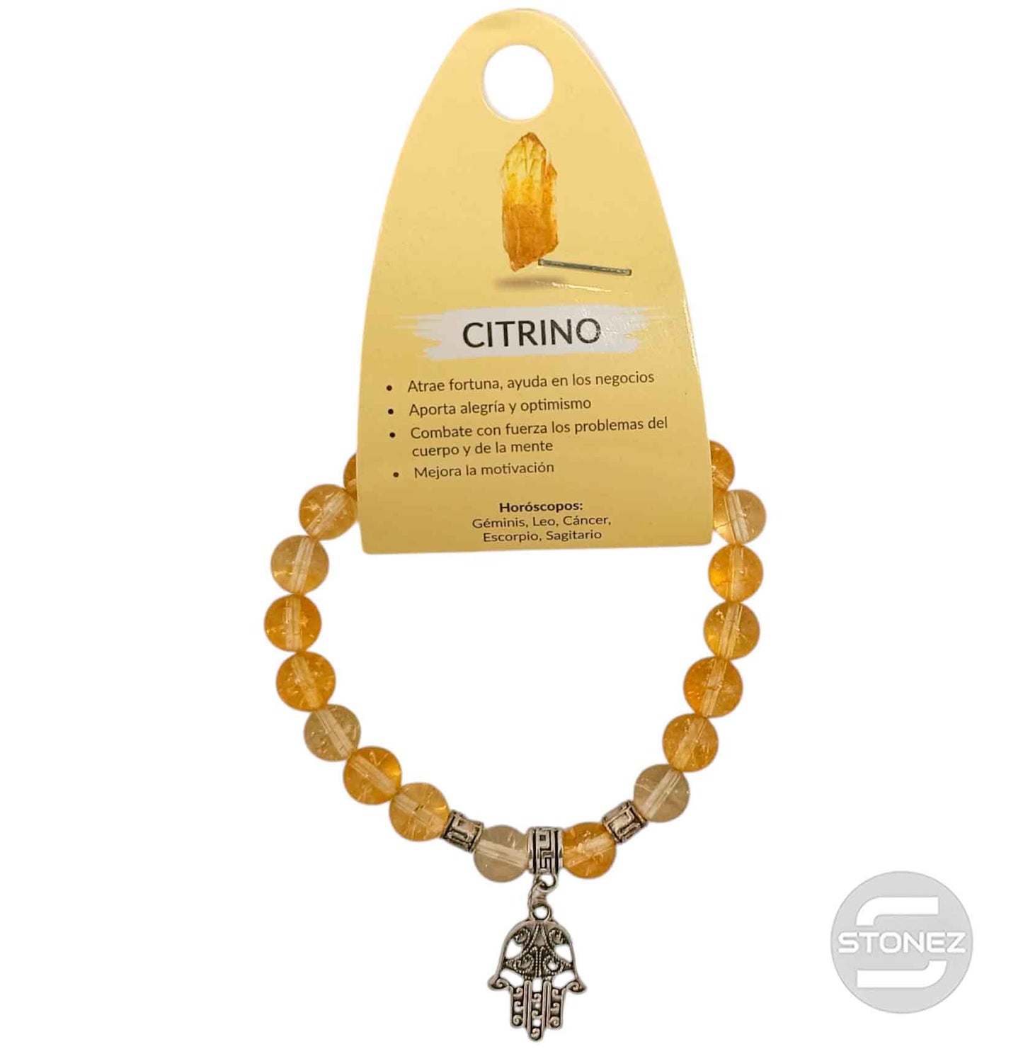 38036-00 Pulsera Piedra Citrino 8 mm Dije Mano De Fatima Metal