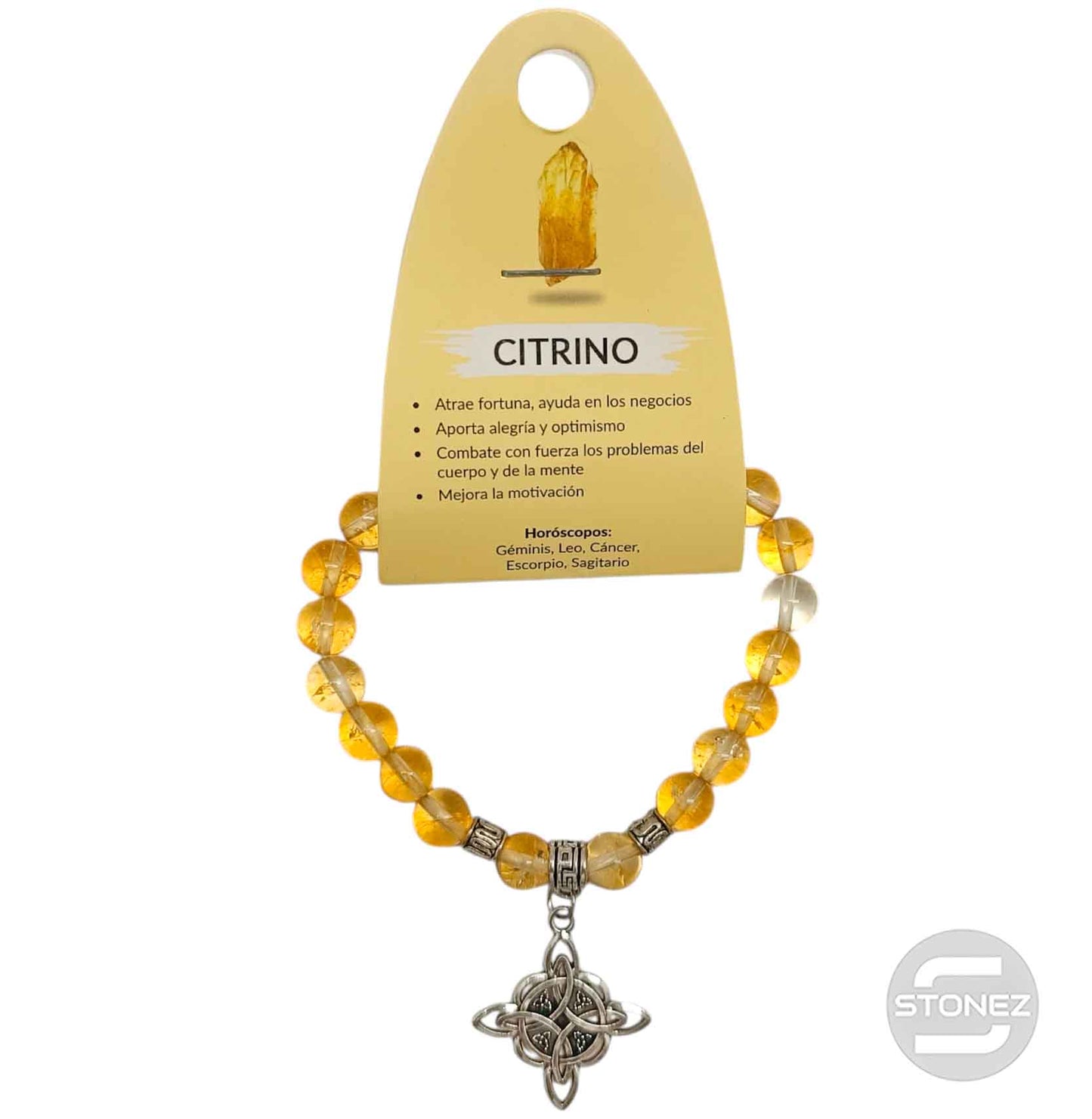 38036-00 Pulsera Piedra Citrino 8 mm Dije Nudo De Bruja Metal