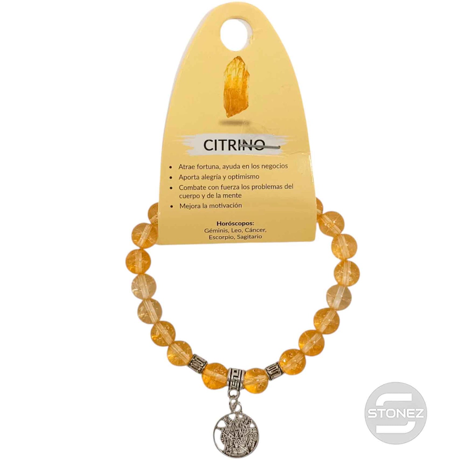 38036-00 Pulsera Piedra Citrino 8 mm Dije Tetragramaton Metal