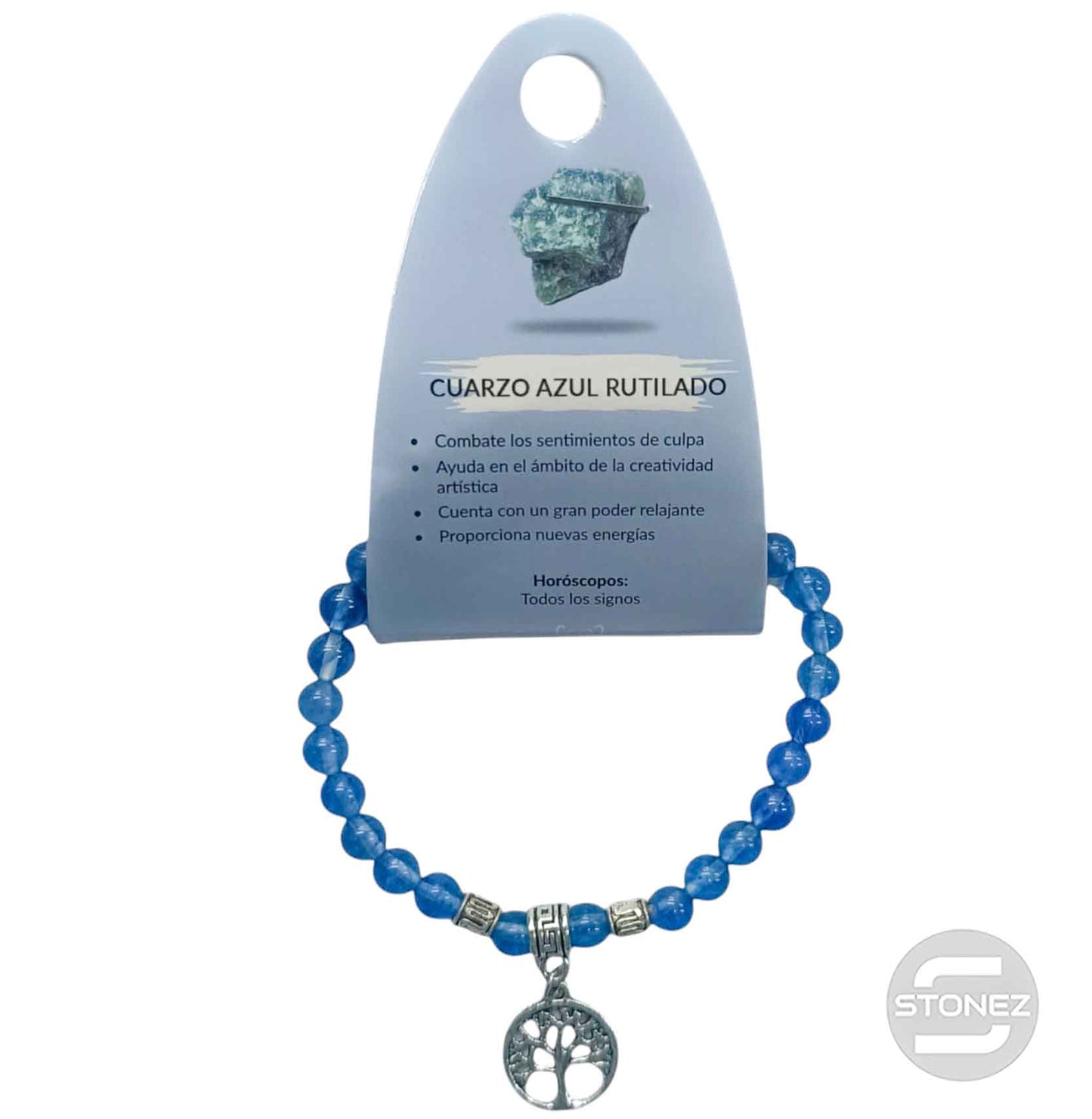 38041-51 Pulsera Cuarzo Azul Rutilado 6 mm Con Dije Metal Arbol De La Vida