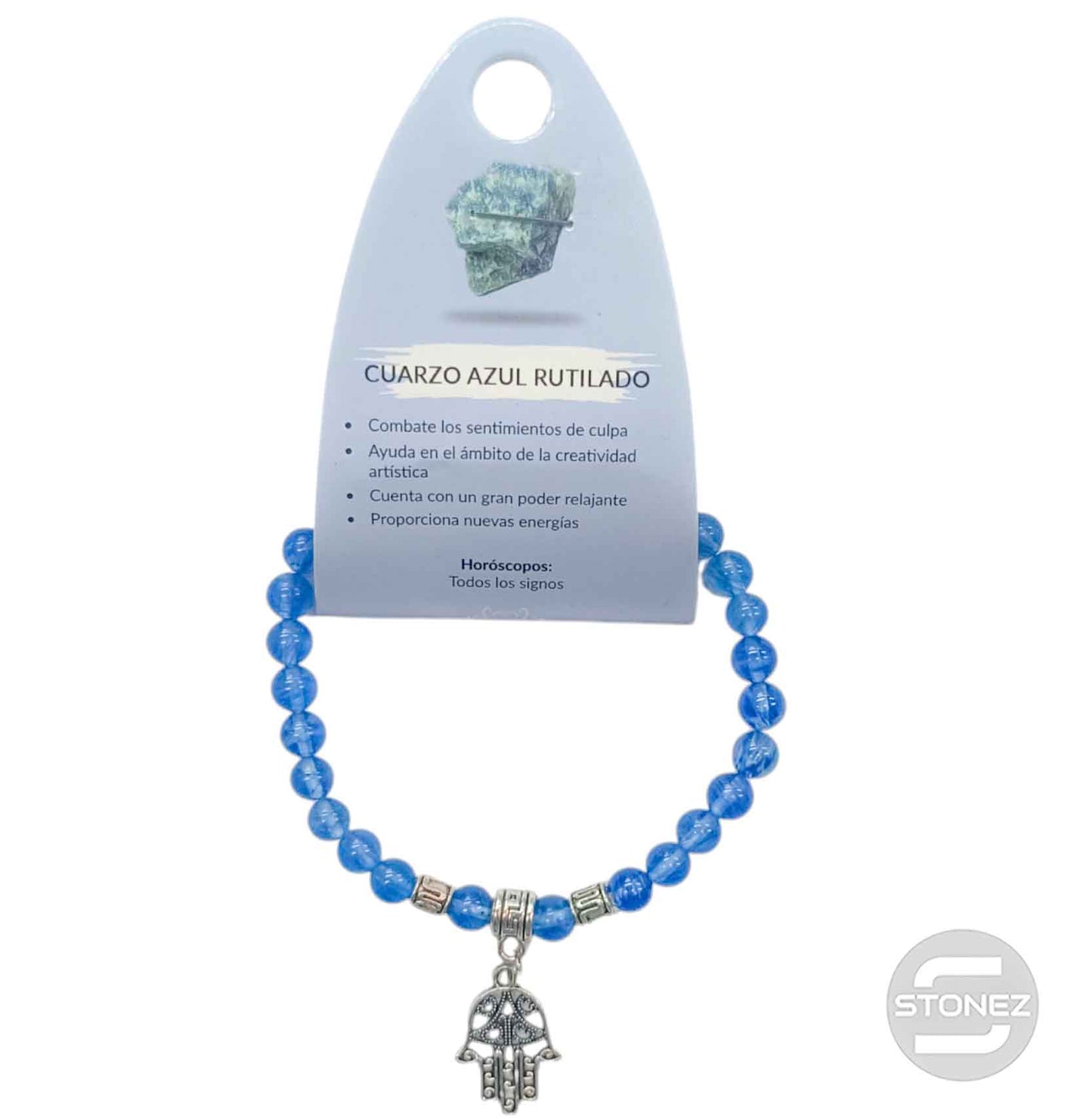 38042-51 Pulsera Cuarzo Azul Rutilado 6 mm Con Dije Metal Mano De La Vida