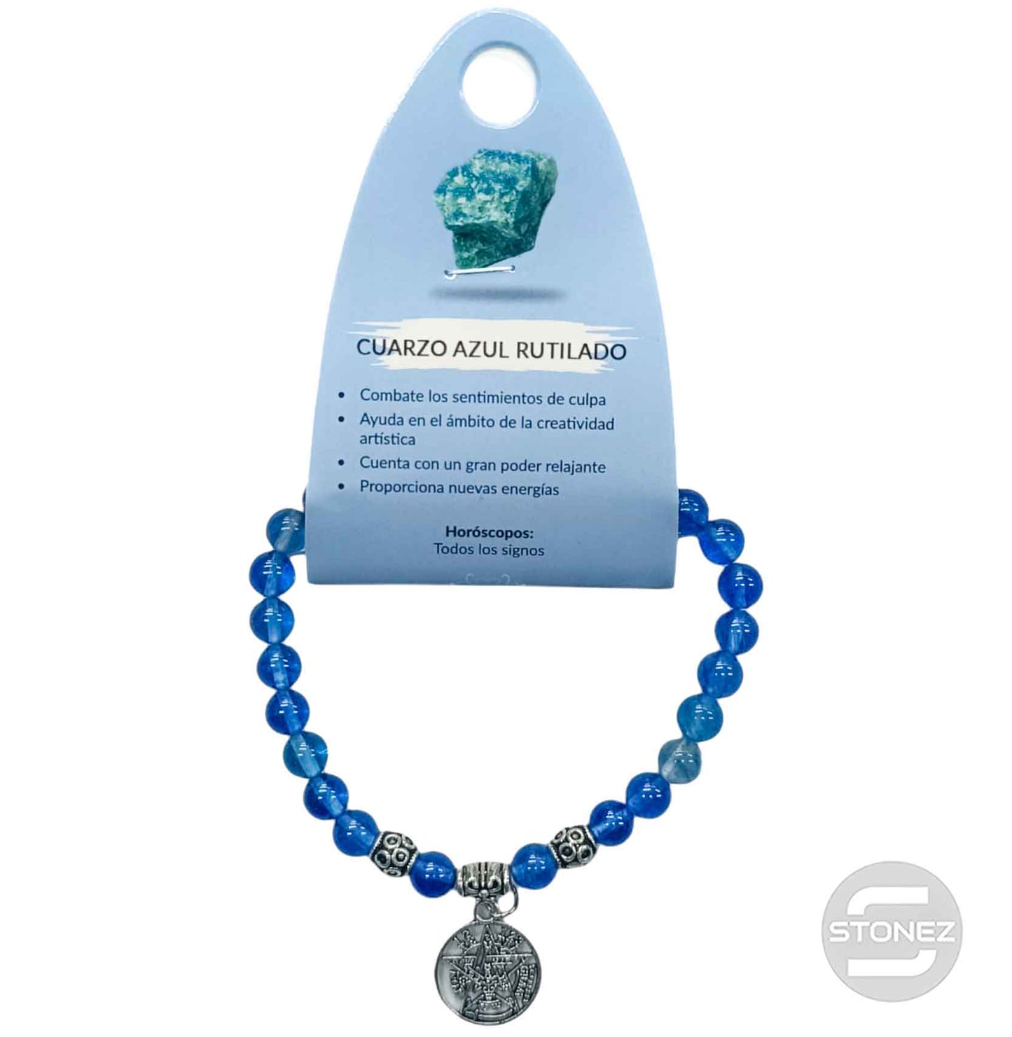 38046-01 Pulsera Cuarzo Azul Rutilado 6 mm Con Dije Metal Tetragrammaton