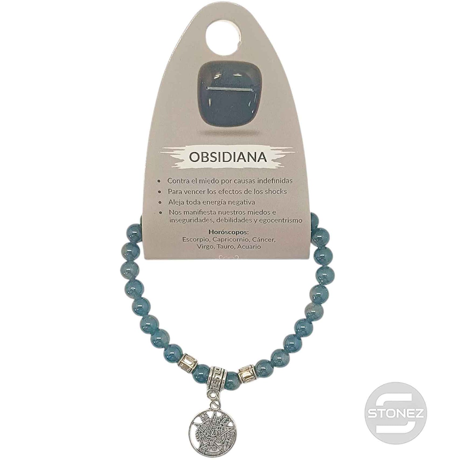 38046-04 Pulsera Obsidiana Dorada 6 mm Con Dije Metal Tetragrammaton