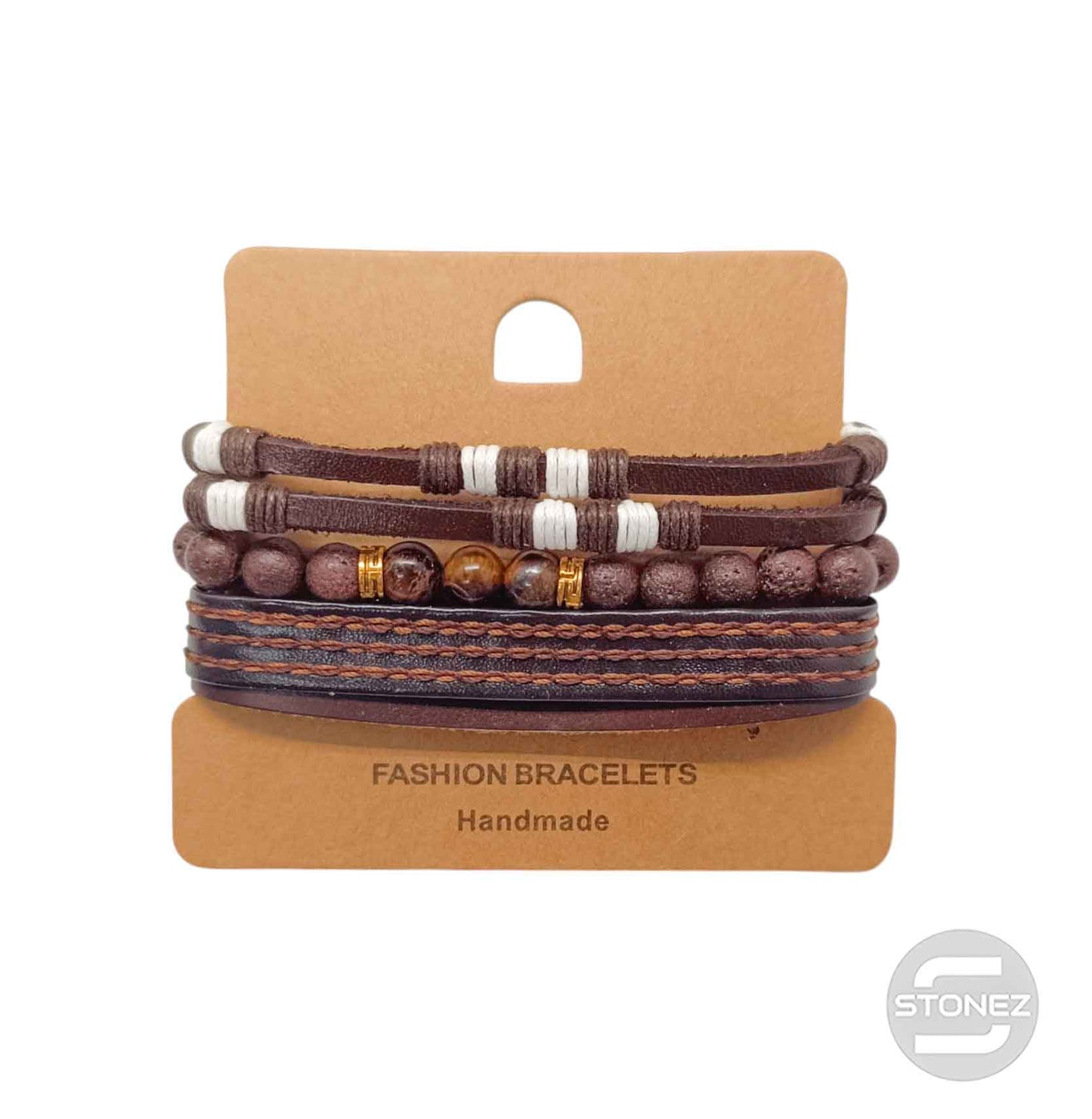 400402368-01 Marron Pulsera Casual Adaptable Con Madera Piedra ,Caucho Y Bisuteria