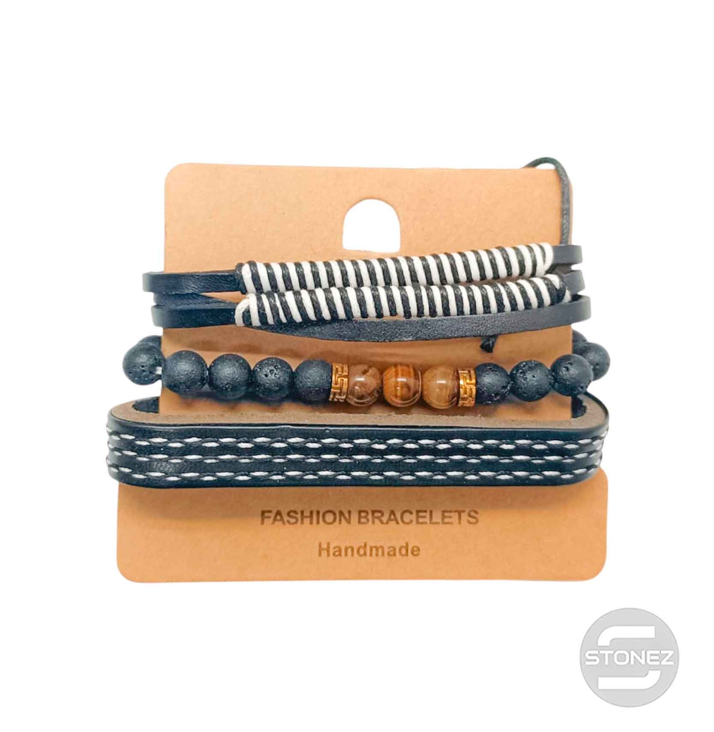 400402368-01 Negro Pulsera Casual Adaptable Con Madera Piedra ,Caucho Y Bisuteria