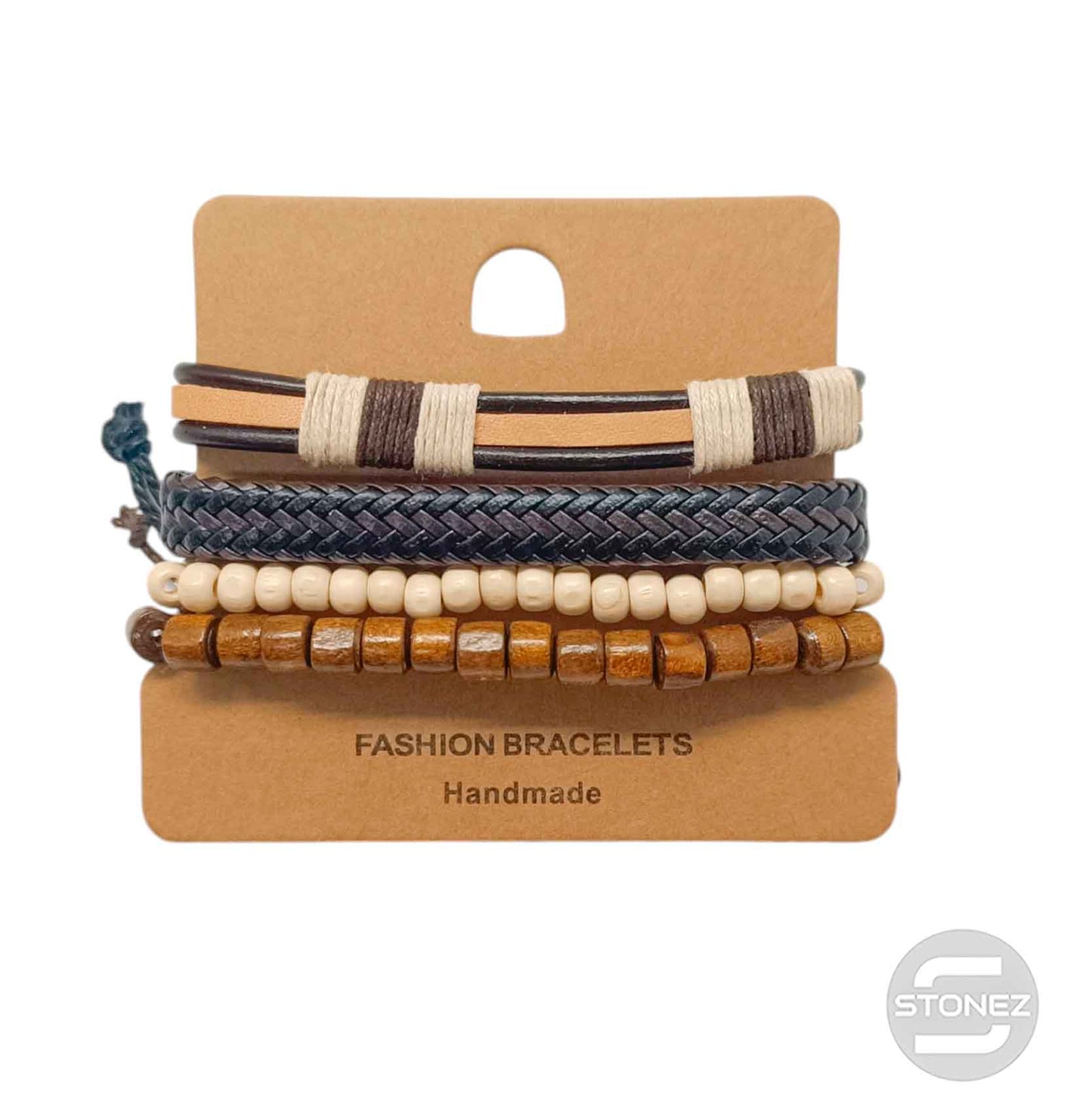 400402368-02 Marron Pulsera Casual Adaptable Con Madera Caucho Y Bisuteria