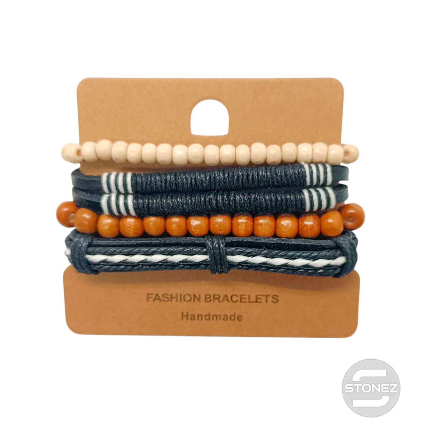 400402368-08 Negro Pulsera Casual Adaptable Con Madera Caucho Y Bisuteria