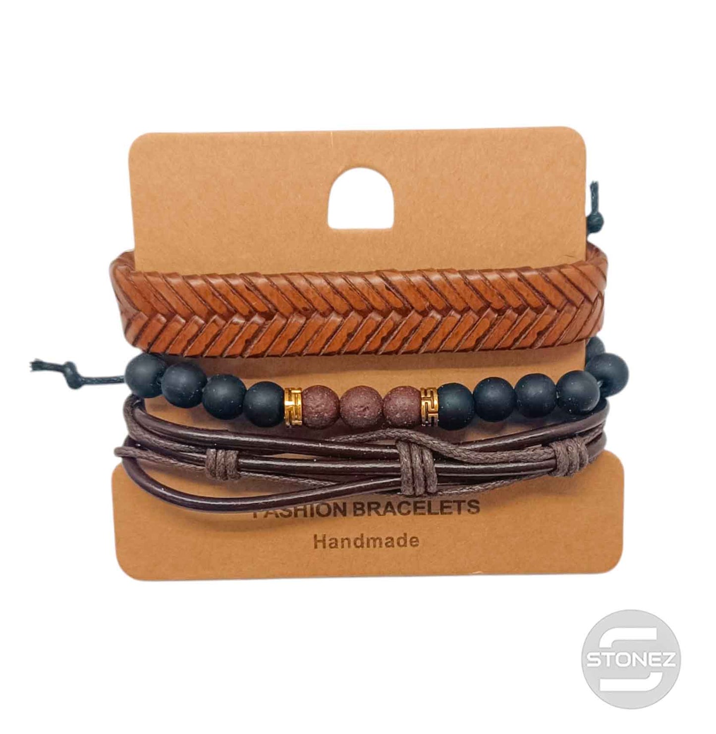 400402368-10 Marron Pulsera Casual Adaptable Con Madera Caucho Y Bisuteria