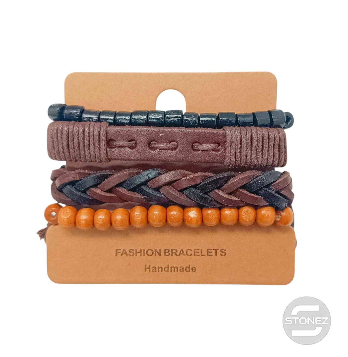 400402369-12 Marron Pulsera Casual Adaptable Con Madera Caucho Y Bisuteria