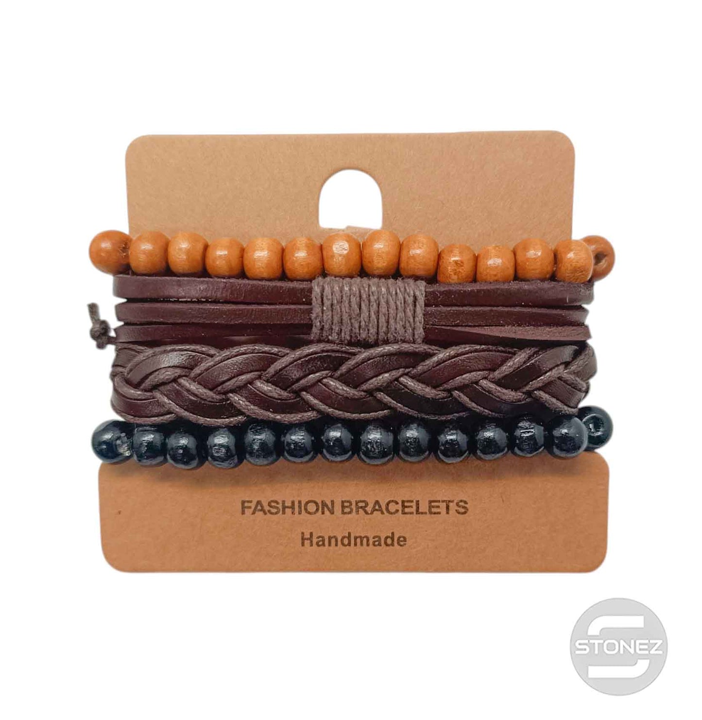 400402369-13 Marron Pulsera Casual Adaptable Con Madera Caucho Y Bisuteria