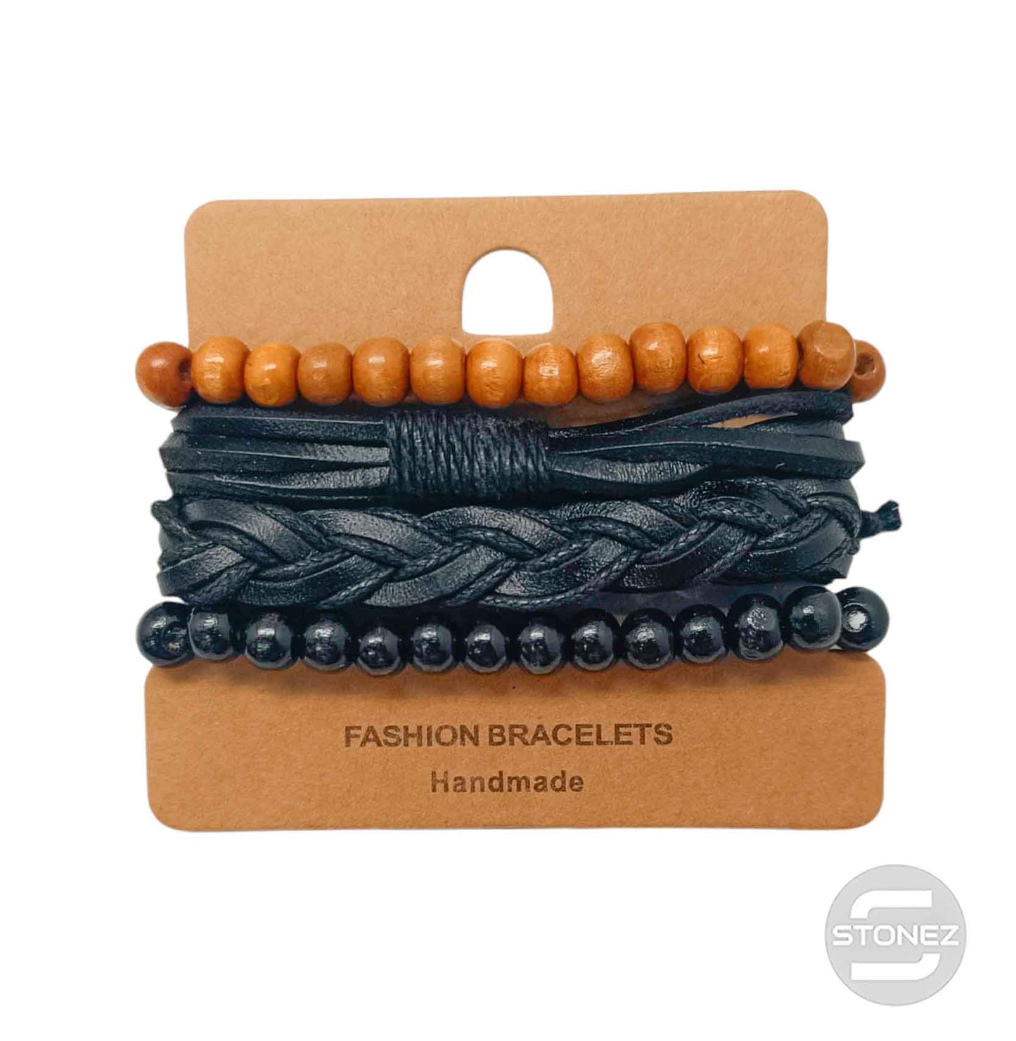 400402369-13 Negro Pulsera Casual Adaptable Con Madera Caucho Y Bisuteria