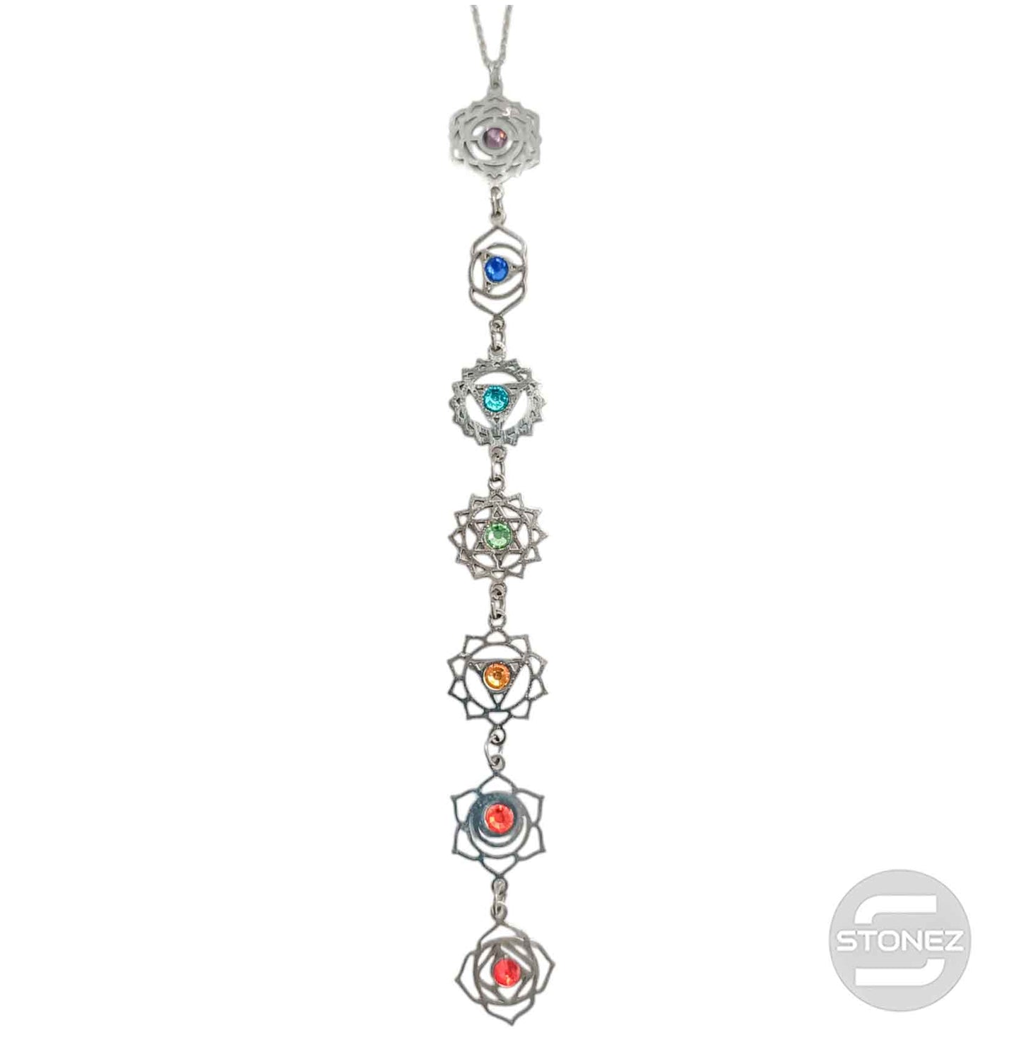 Collar Acero Simbolos 7 Chakras Y Cristal Cadena 40+5 Cms