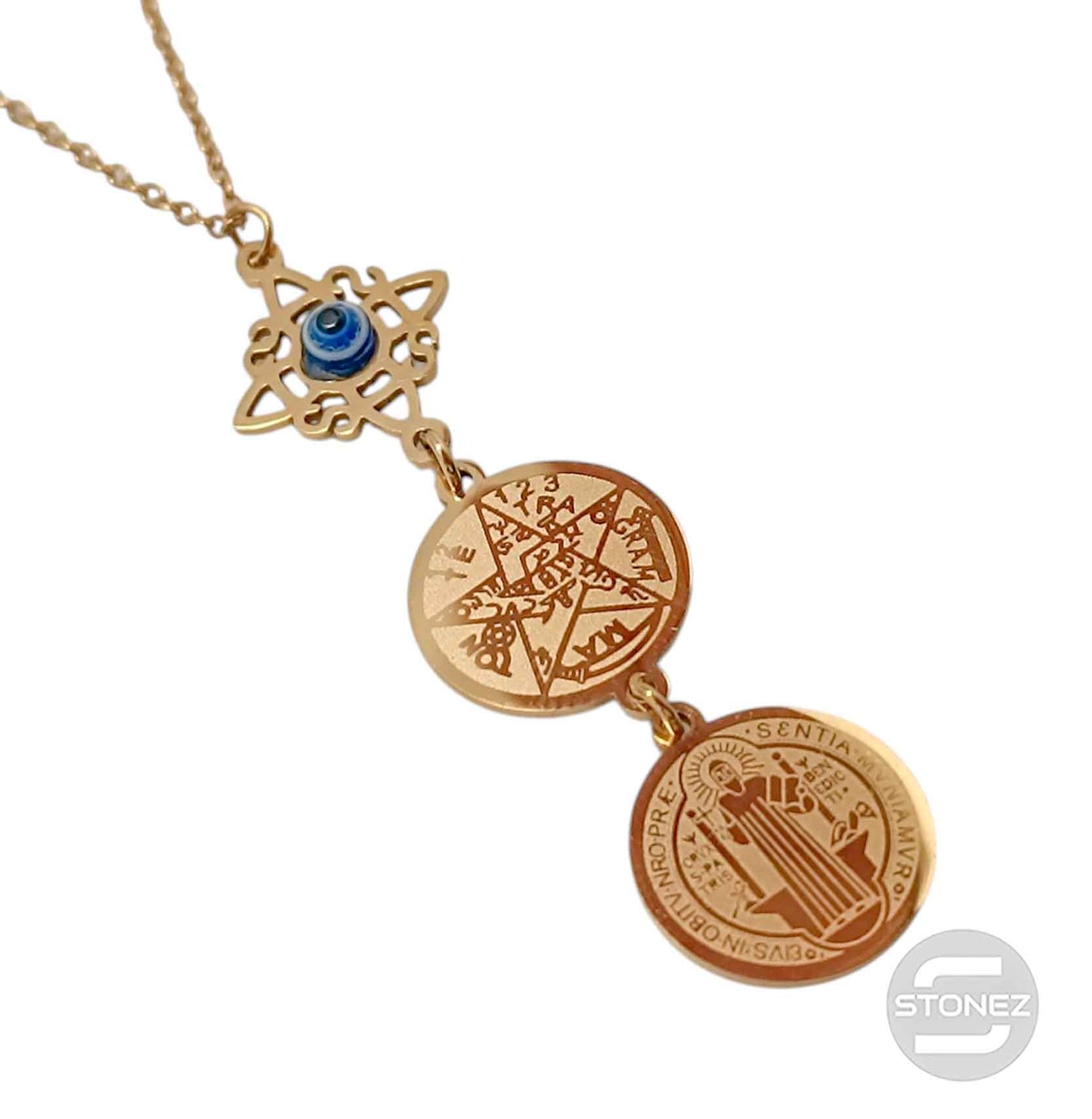 Collar Acero Dorado Triple Proteccion Nudo De Bruja Ojo Turco Tetragramaton Y San Benito Cadena 40+5 Cms