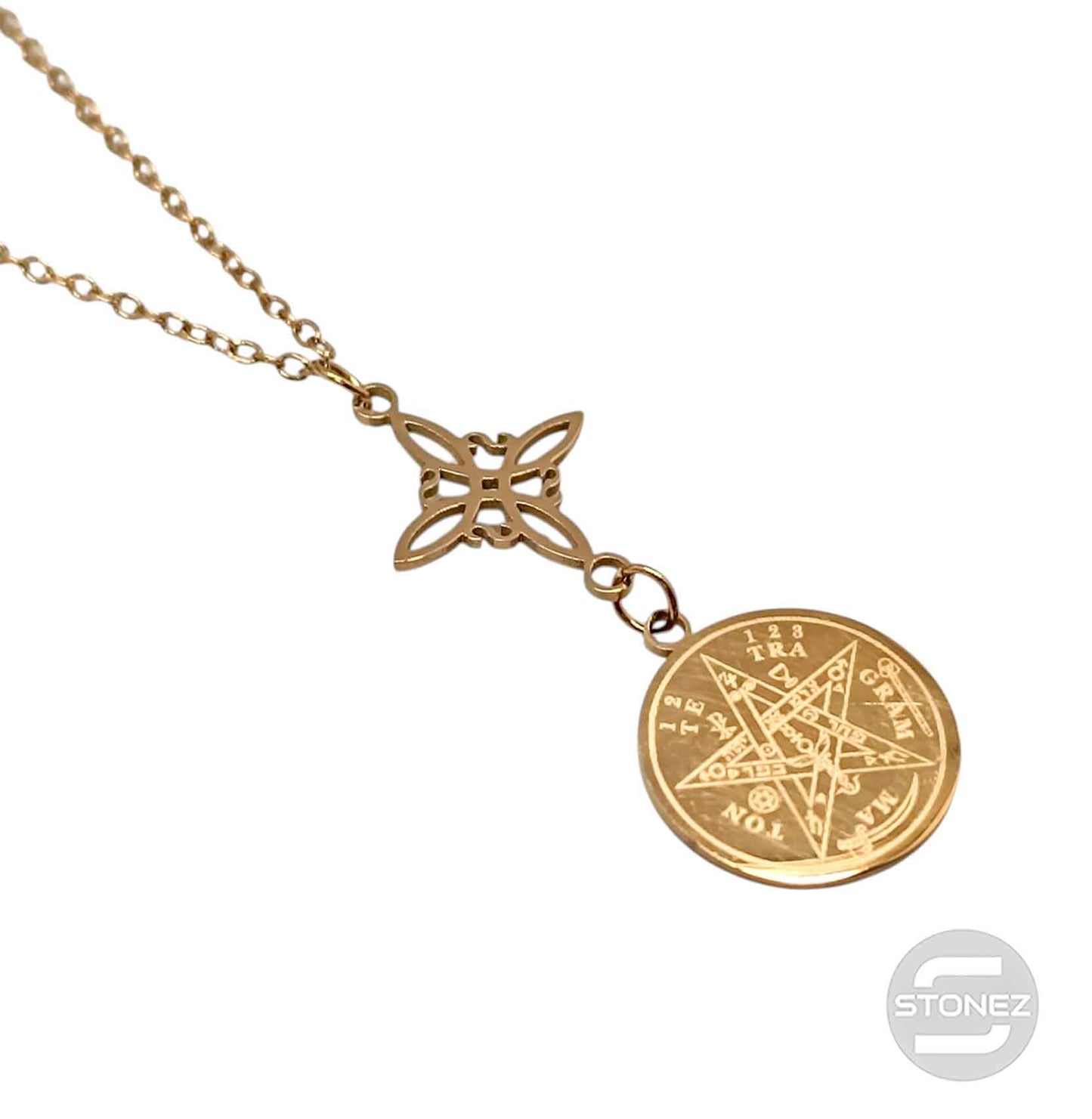 Collar Acero Dorado Doble Poteccion Nudo De Bruja Tetragramaton Cadena 40+5 Cms