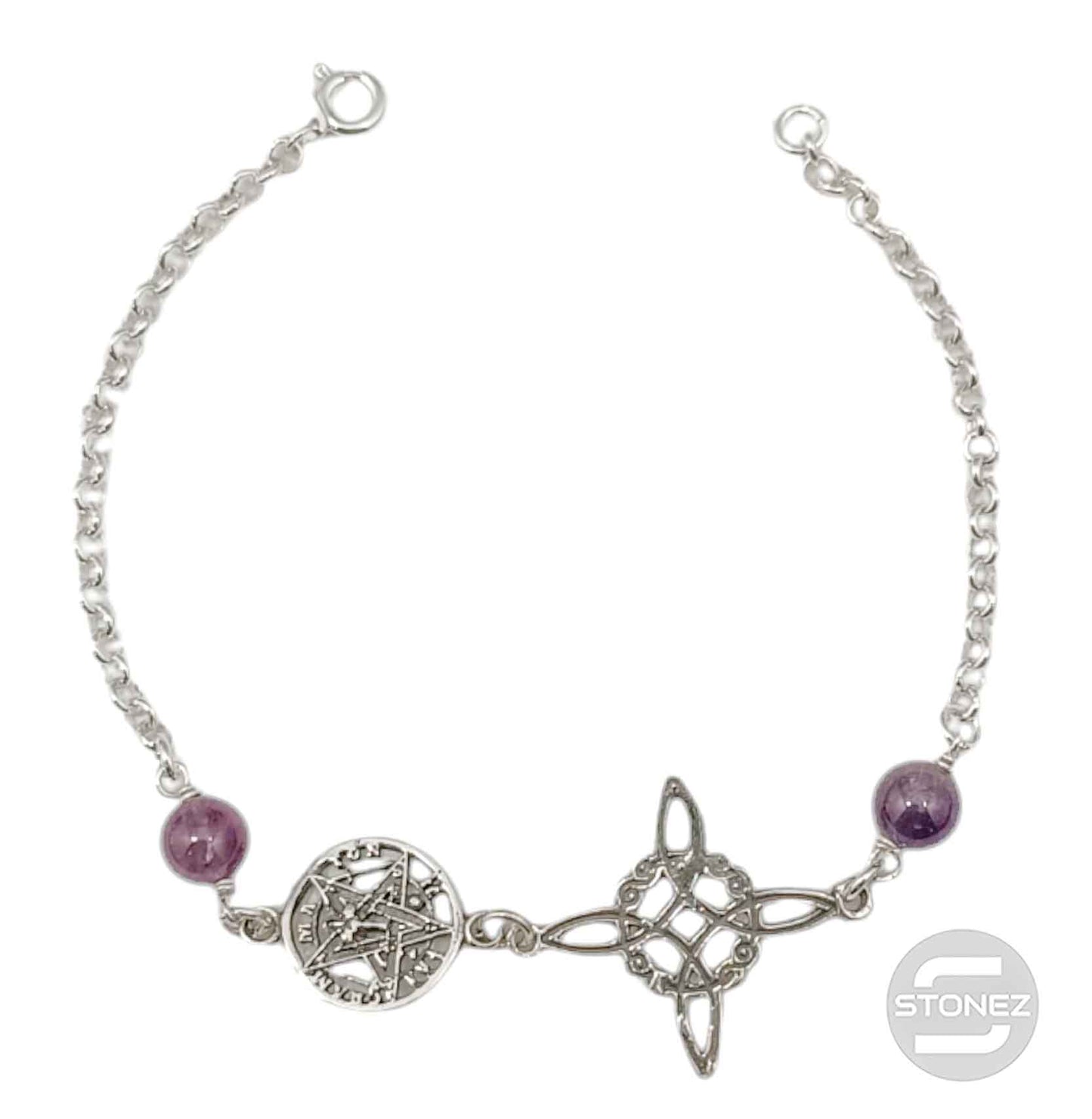 400802991-05 Pulsera Doble Protección Plata 925 Con Piedra Amatista 18 Cms Aprox