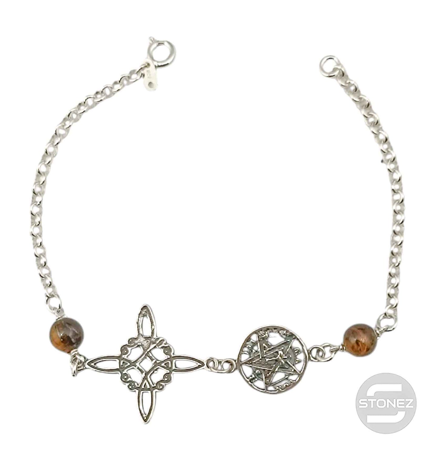 400802991-09 Pulsera Doble Protección Plata 925 Con Piedra Ojo De Tigre 18 Cms Aprox
