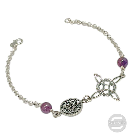 400802991-05 Pulsera Doble Protección Plata 925 Con Piedra Amatista 18 Cms Aprox